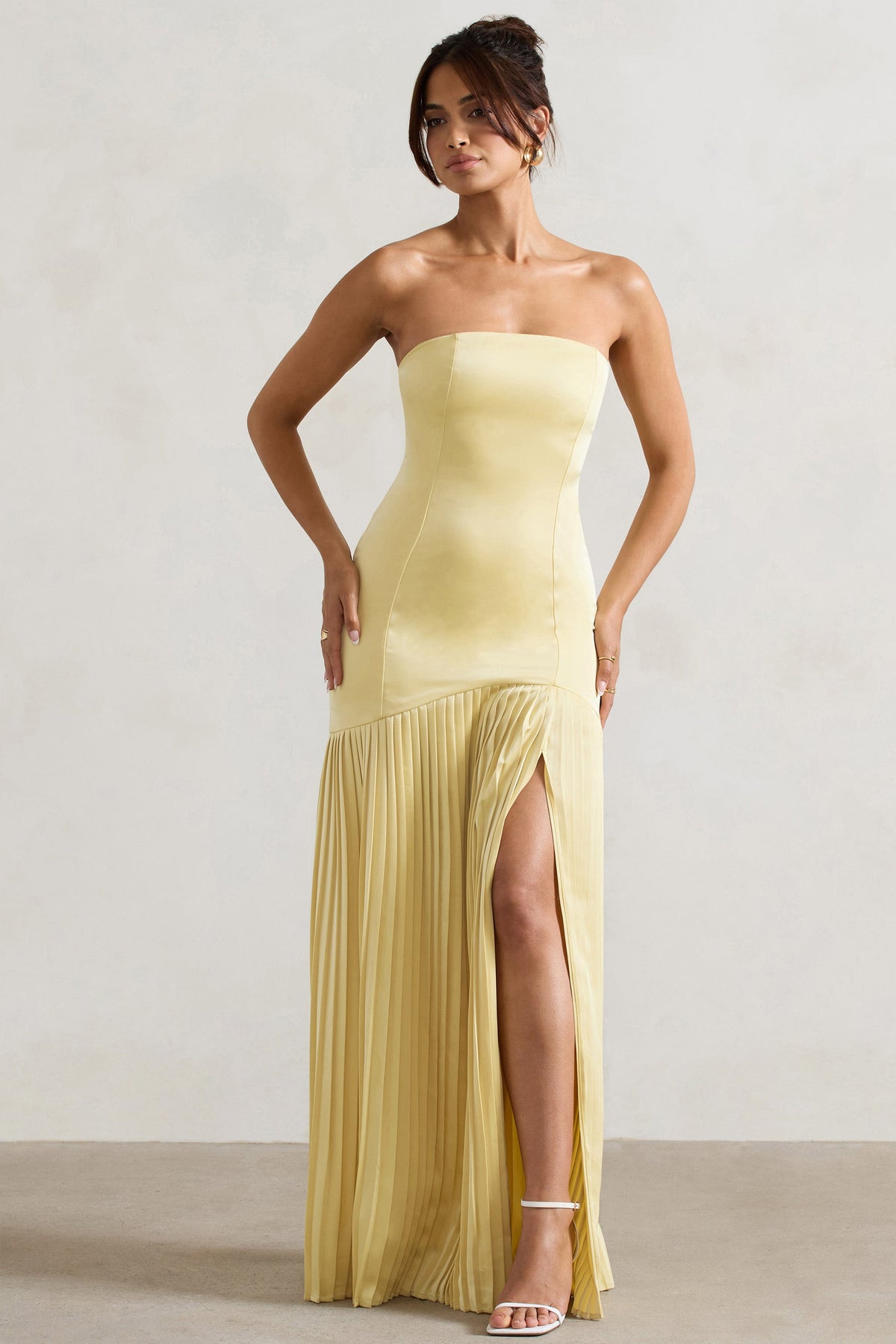 Collective Dress - Lemon Satin Bandeau Pleated Split Maxi Dress image 6