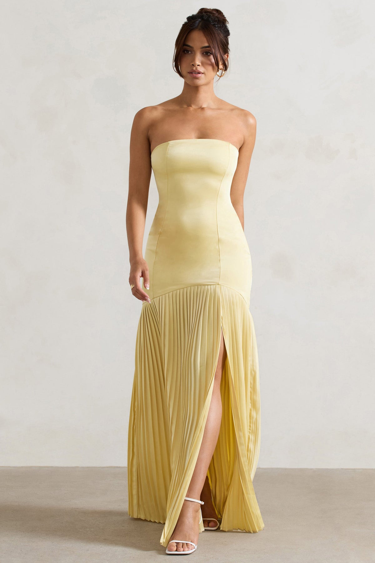 Collective Dress - Lemon Satin Bandeau Pleated Split Maxi Dress image 2