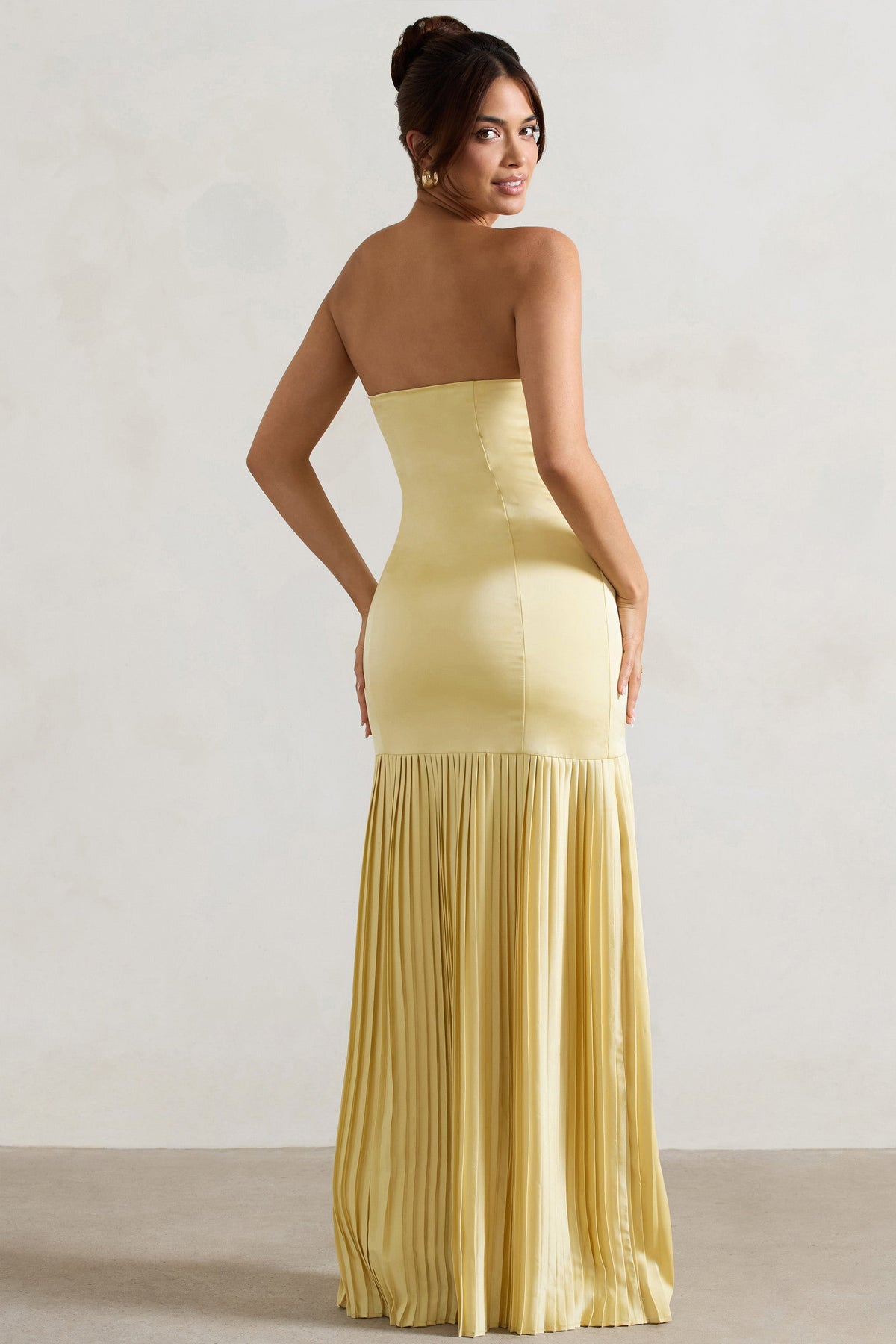 Collective Dress - Lemon Satin Bandeau Pleated Split Maxi Dress image 3