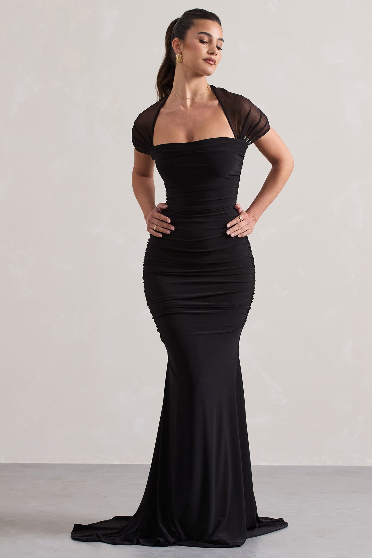 Black Fishtail Maxi Dress With Sheer Sleeves - View 6 | Shop Formal Dress