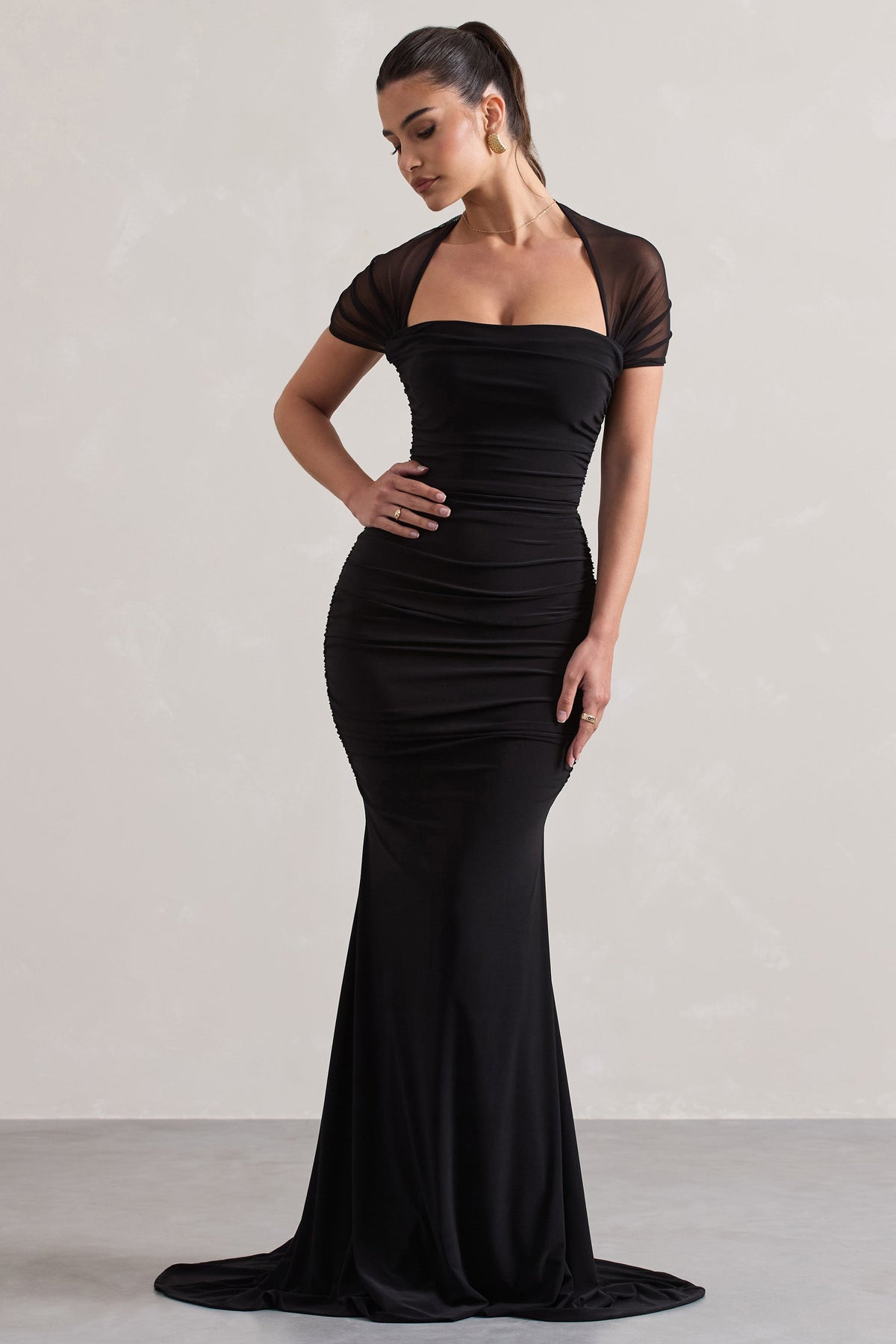 Black Fishtail Maxi Dress With Sheer Sleeves - View 5 | Shop Formal Dress