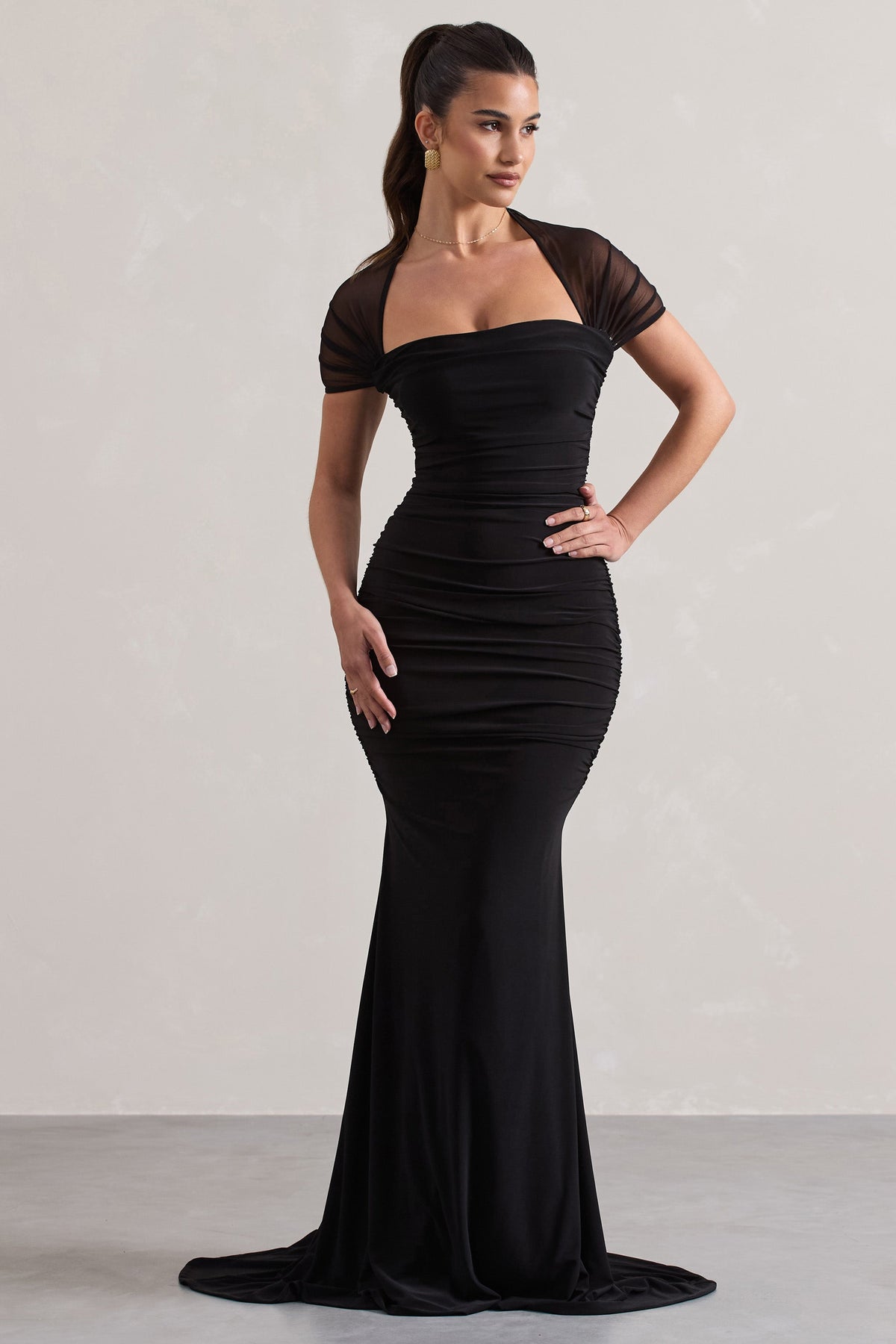 Black Fishtail Maxi Dress With Sheer Sleeves - View 2 | Shop Formal Dress