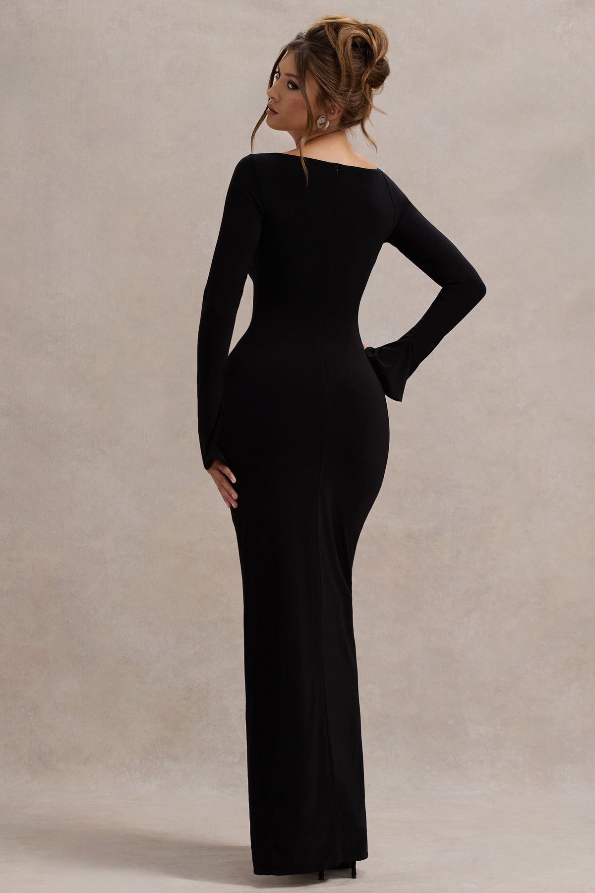 Black Asymmetric Long-Sleeve Split Maxi Dress - View 3 | Shop Formal Dress