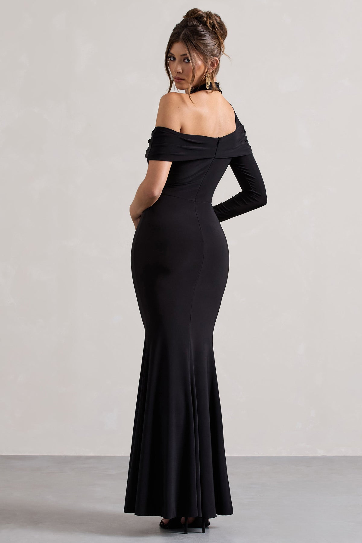 Black Asymmetric High-Neck Split Maxi Dress - View 3 | Shop Formal Dress