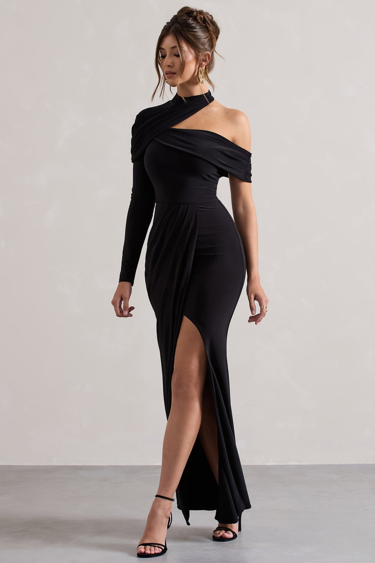 Black Asymmetric High-Neck Split Maxi Dress - View 5 | Shop Formal Dress