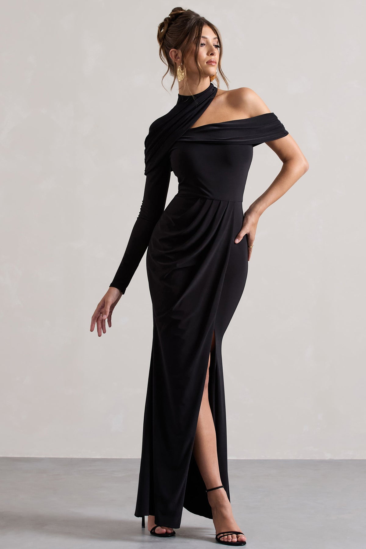 Black Asymmetric High-Neck Split Maxi Dress - View 2 | Shop Formal Dress