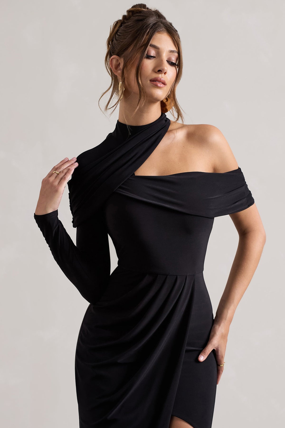 Black Asymmetric High-Neck Split Maxi Dress - View 4 | Shop Formal Dress
