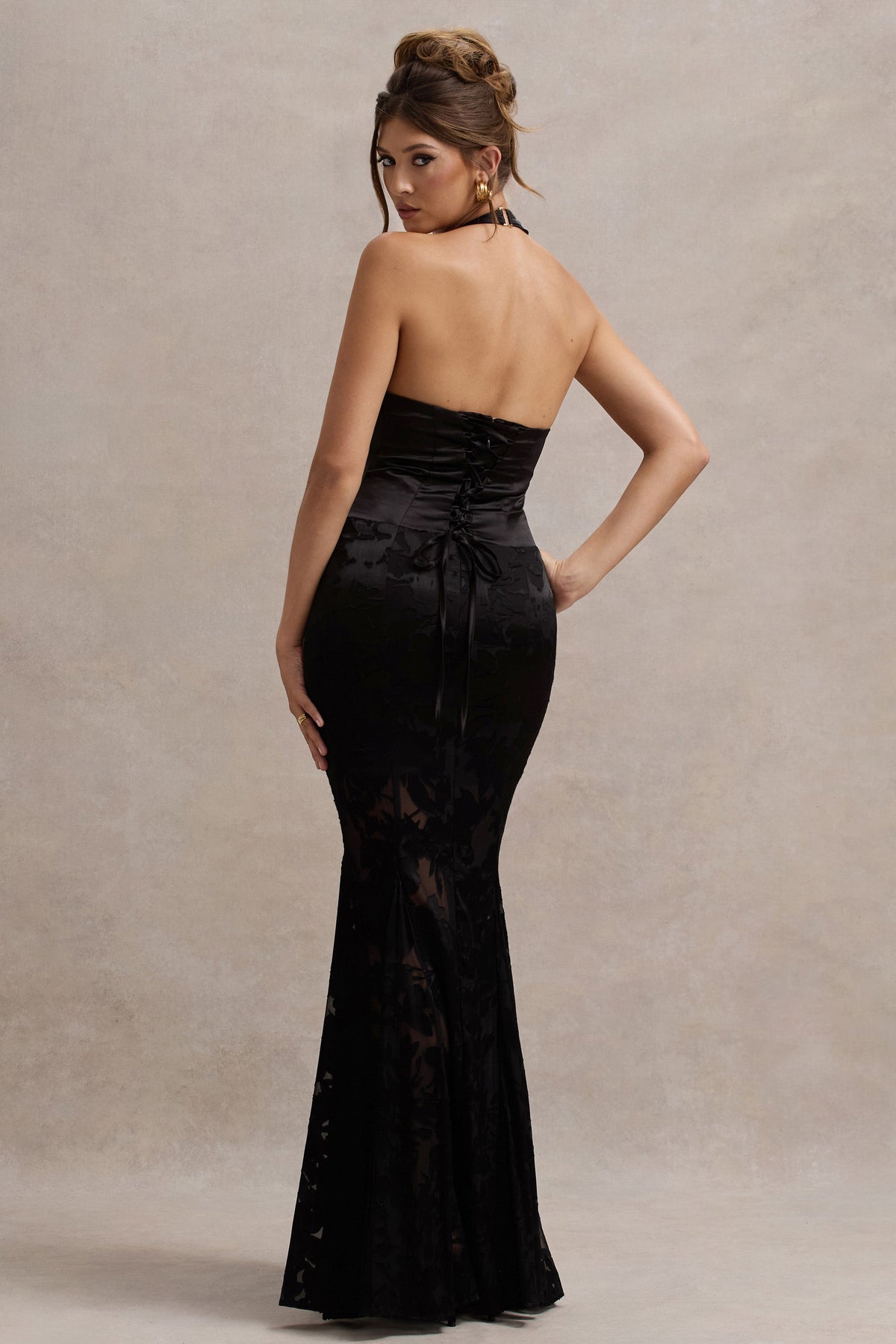 Black Satin Devore Plunge-Neck Maxi Dress - View 3 | Shop Formal Dress
