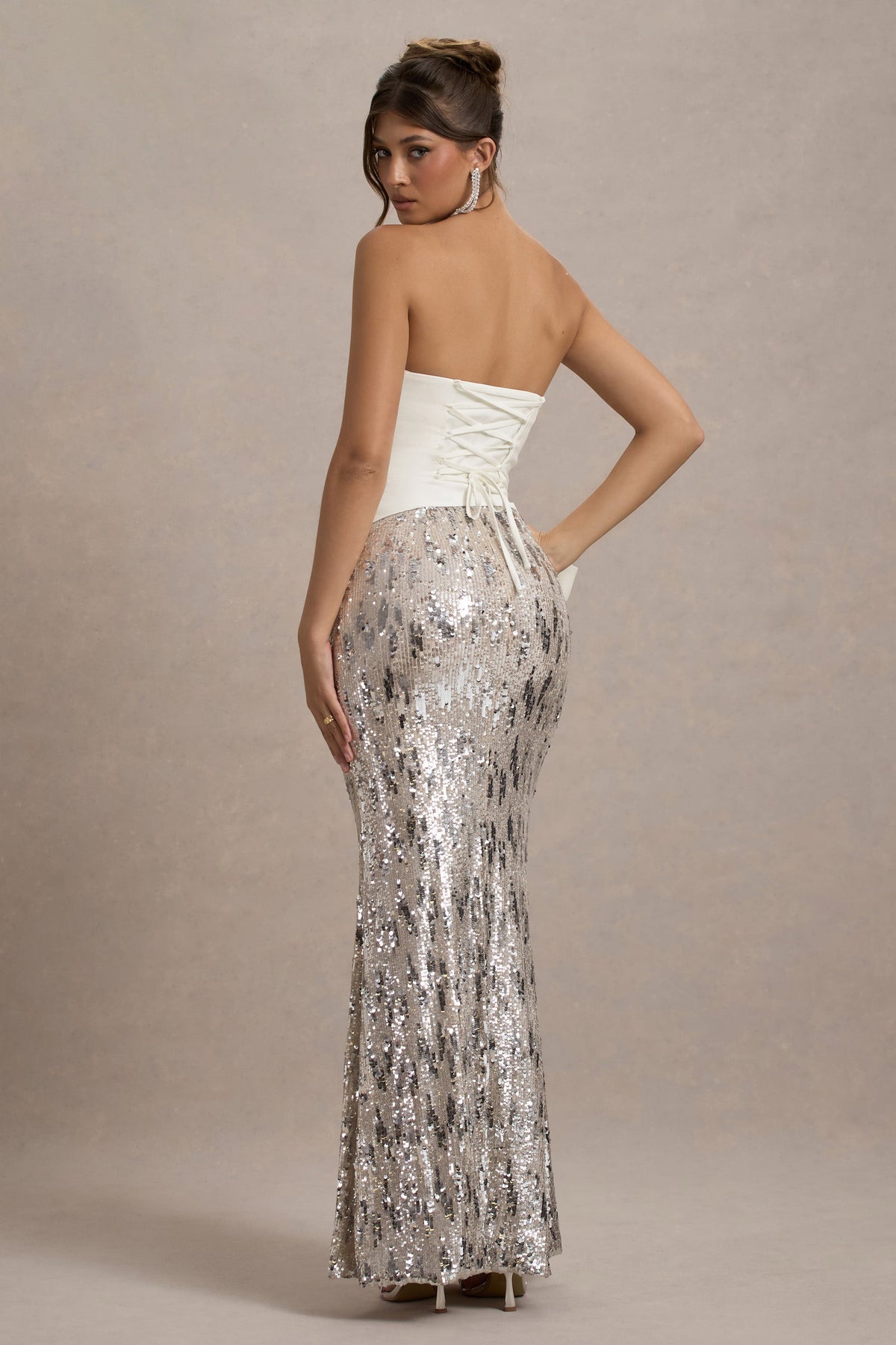 Collective Dress - Ecru Strapless Draped Maxi Dress With Sequin Skirt image 3
