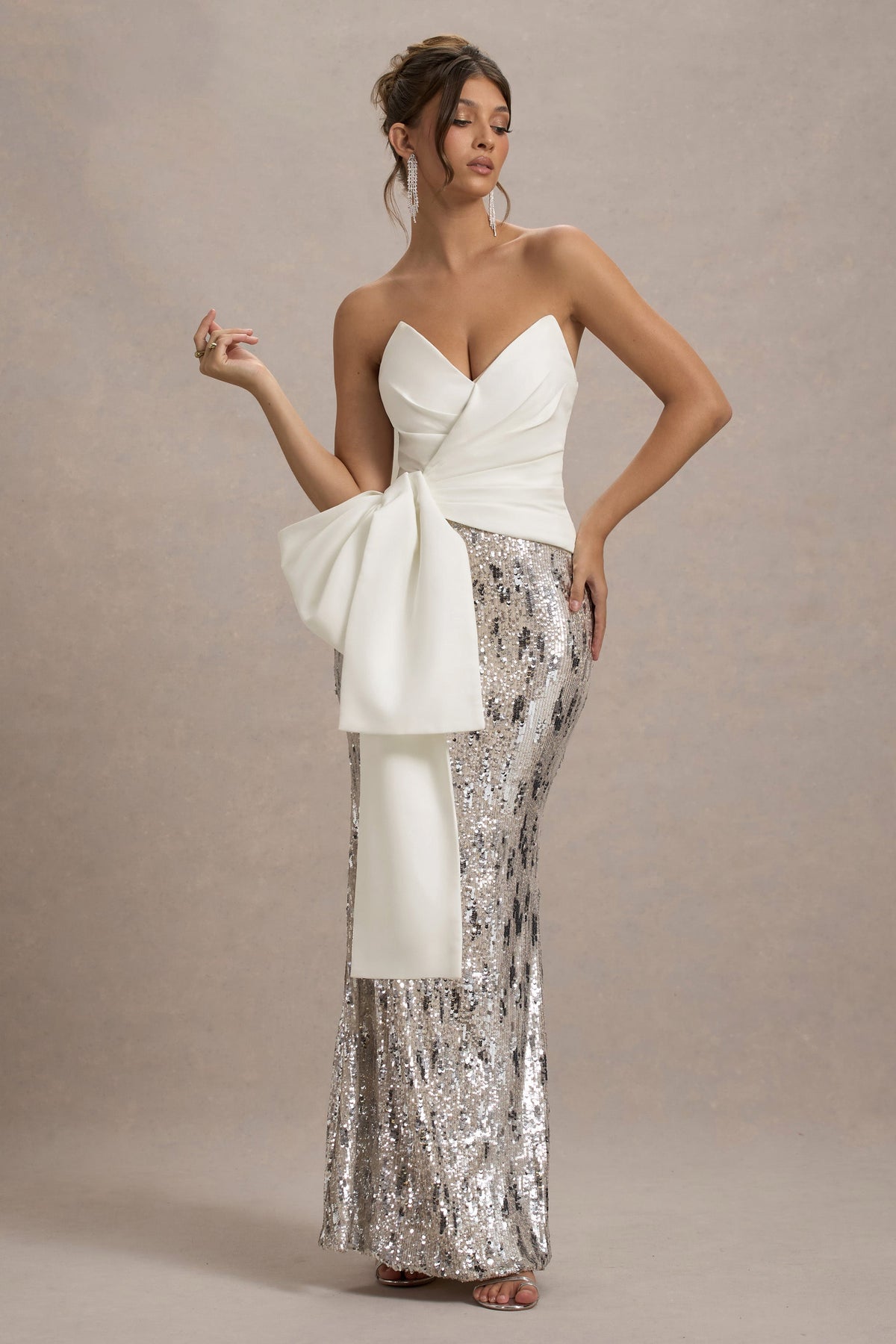 Collective Dress - Ecru Strapless Draped Maxi Dress With Sequin Skirt image 2
