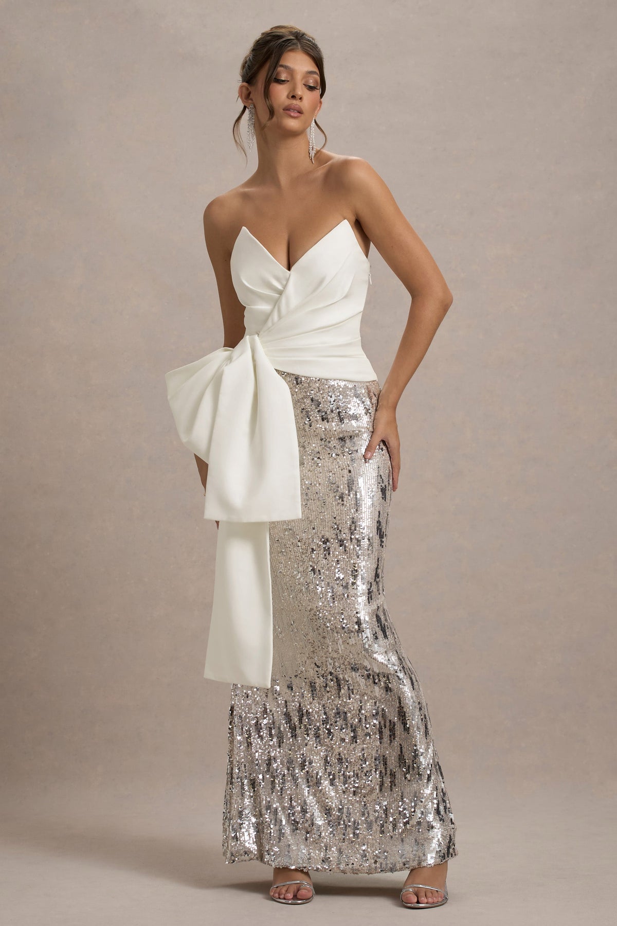Collective Dress - Ecru Strapless Draped Maxi Dress With Sequin Skirt image 6