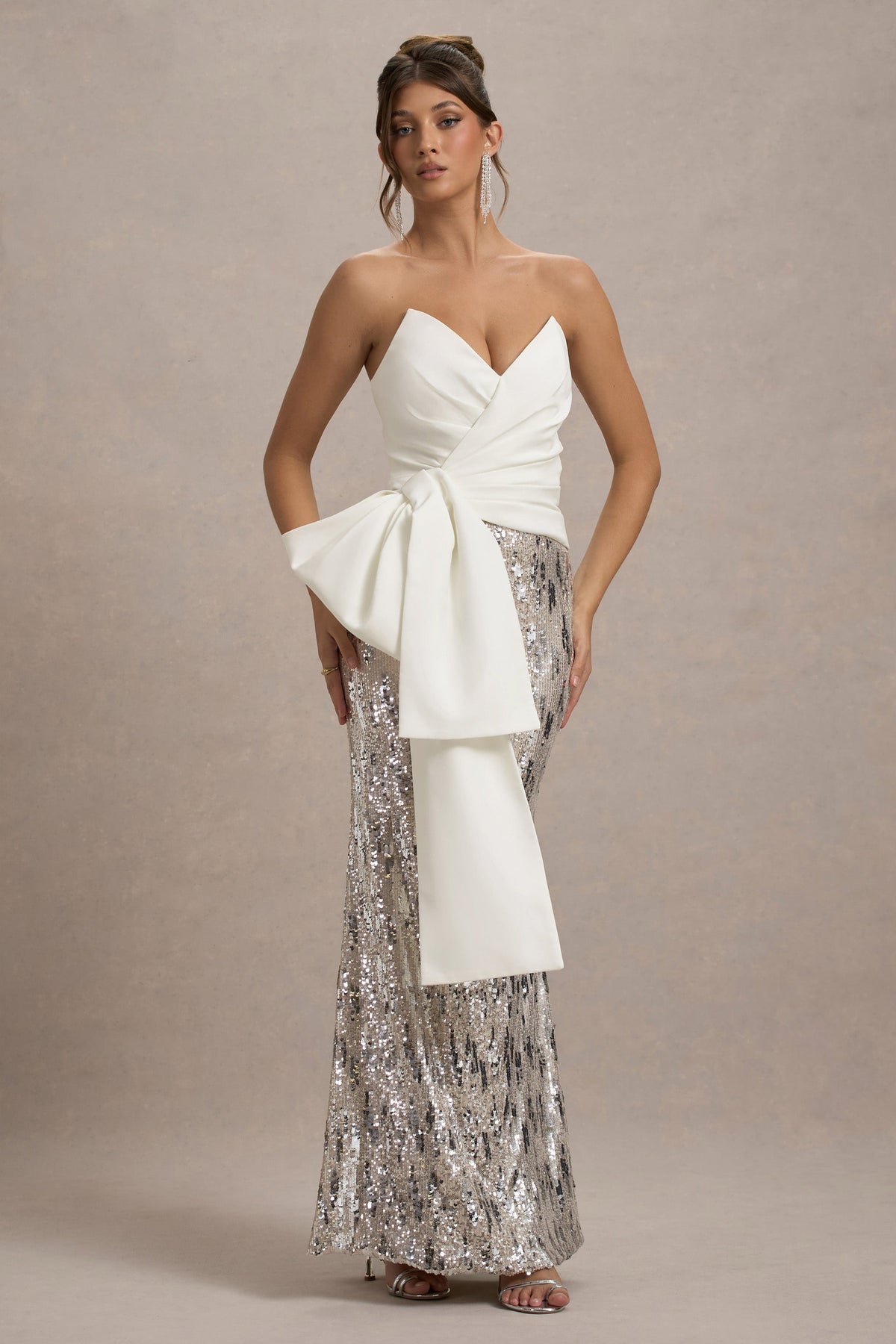 Collective Dress - Ecru Strapless Draped Maxi Dress With Sequin Skirt image 5