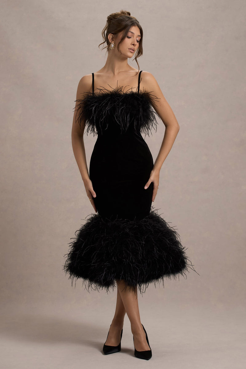Kalena Black Velvet Feather Trim Midi Dress – Club L London