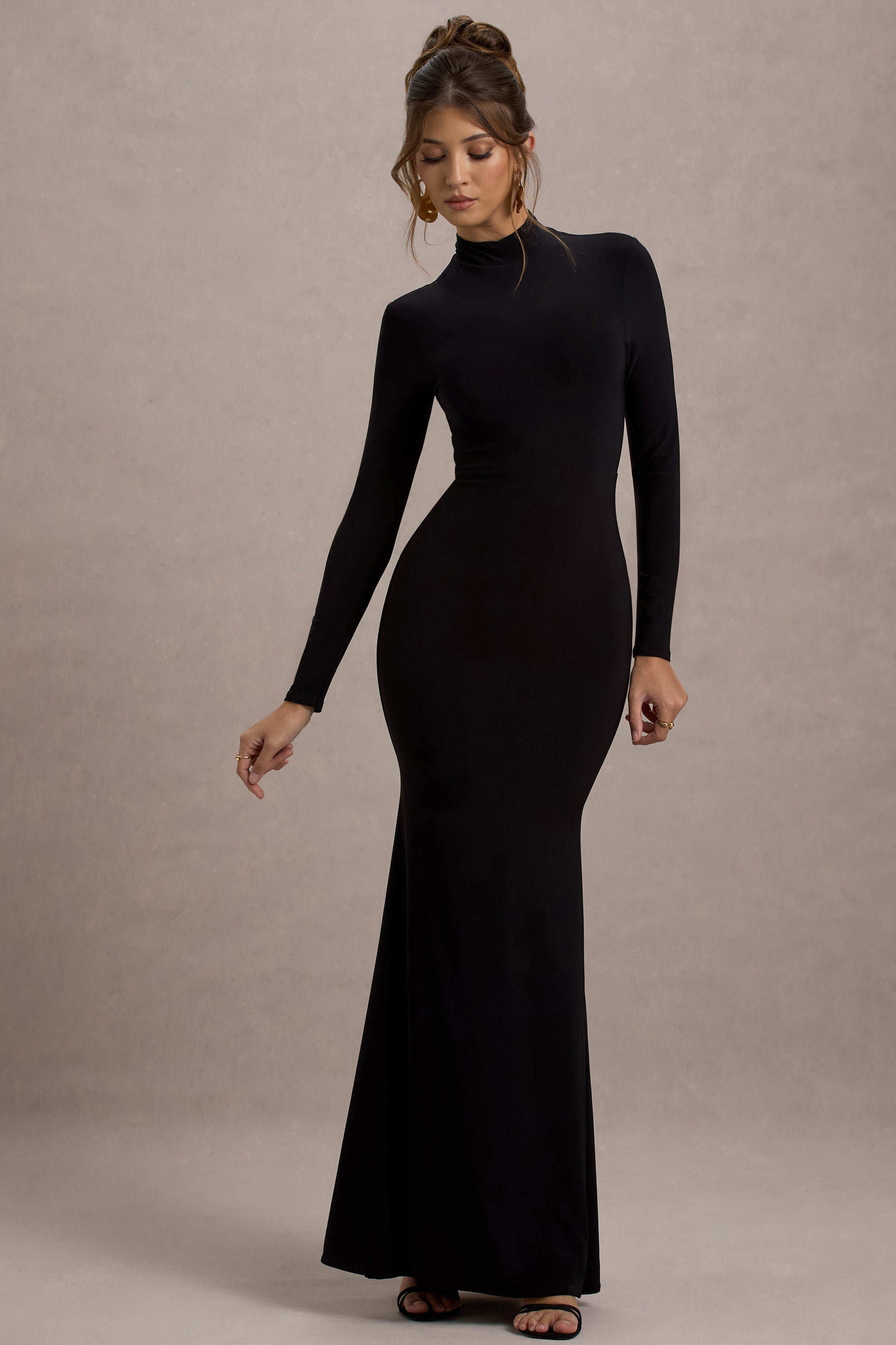 long sleeve black dress australia Tova | Black High-Neck Long-Sleeve Maxi Dress – Club L London