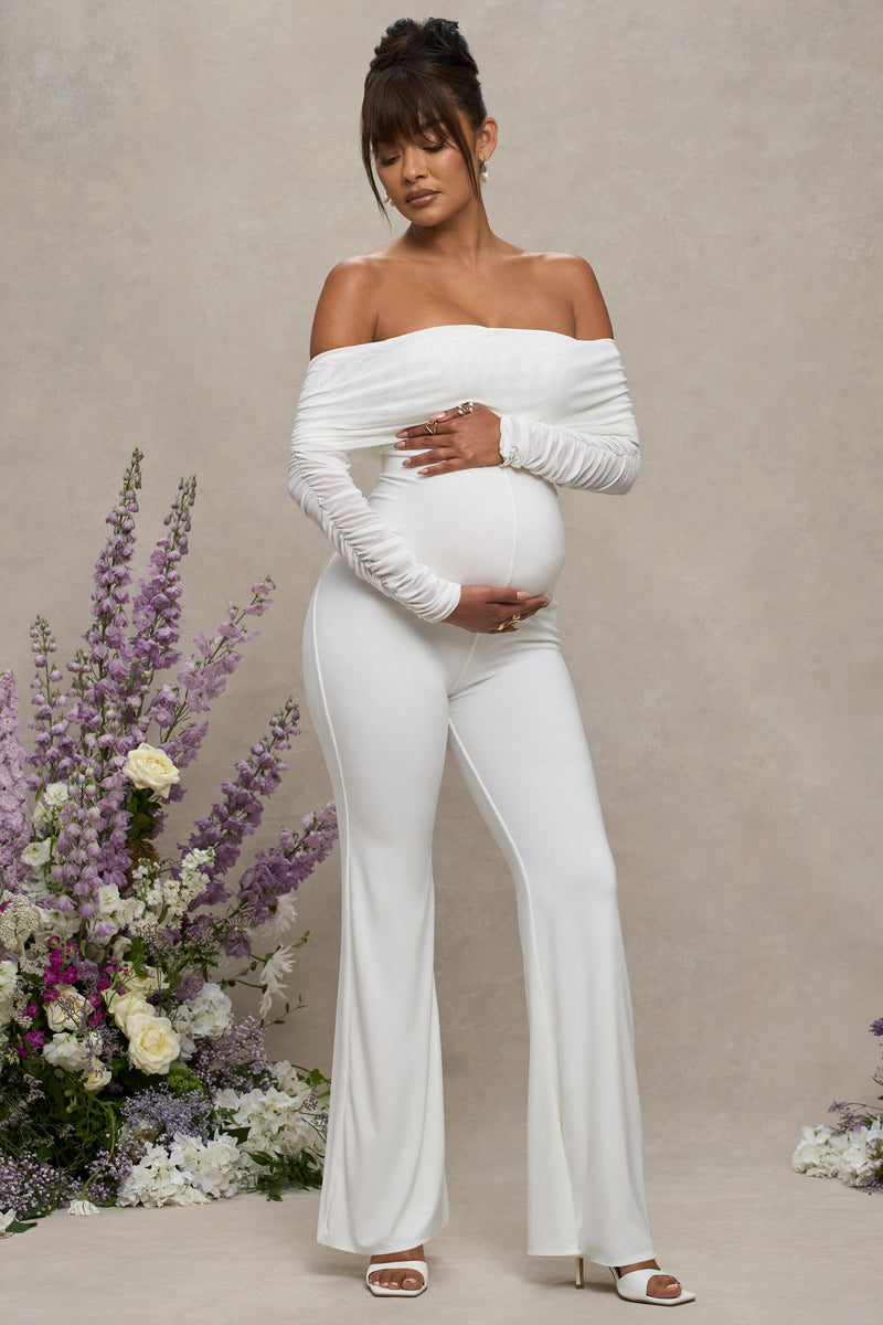 Count Down White Maternity Ruched Mesh Bardot Jumpsuit – Club L