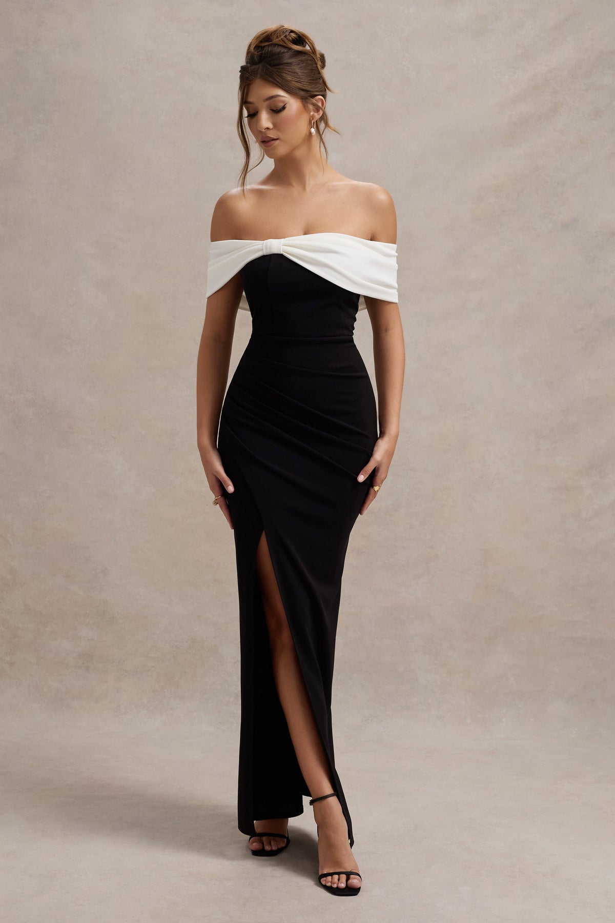 Collective Dress - Black & White Bardot Bow Detail Maxi Dress With Thigh Split image 6