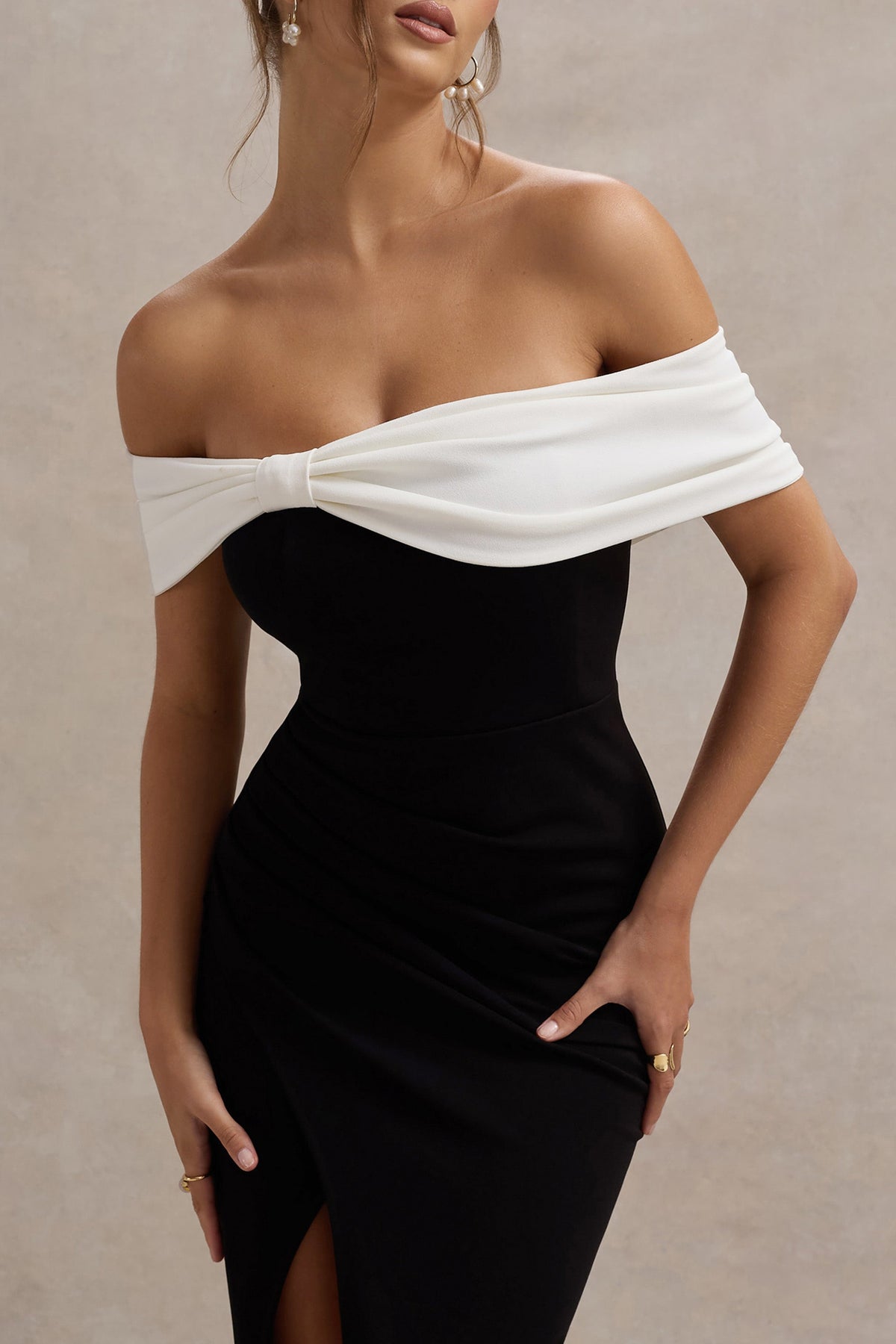 Collective Dress - Black & White Bardot Bow Detail Maxi Dress With Thigh Split image 4