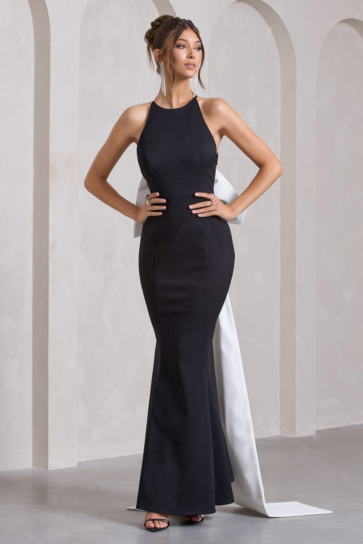 Black Open-Back Maxi Dress With Oversized White Bow - View 6 | Shop Formal Dress