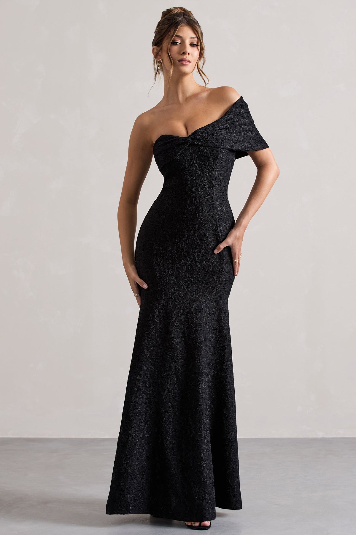 Black Lace Twisted Bardot Maxi Dress - View 2 | Shop Formal Dress
