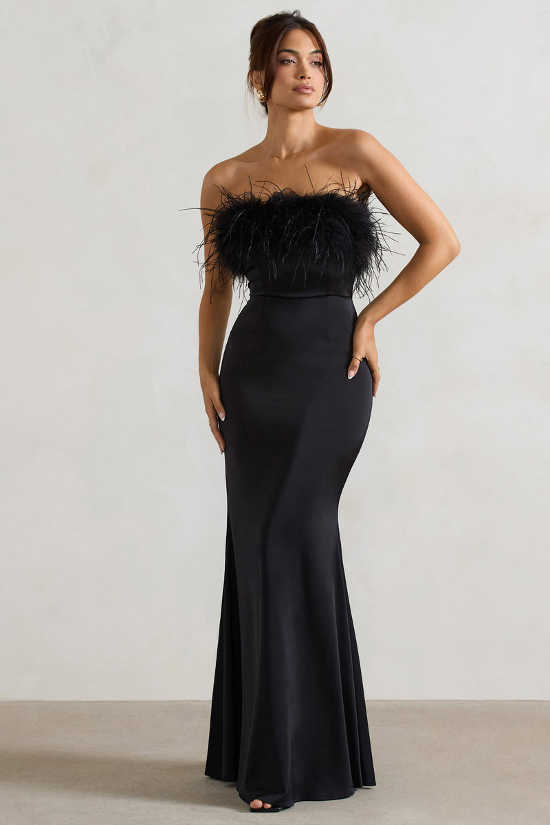 Dress For It Black Satin Feather Trim Bandeau Maxi Dress – Club L