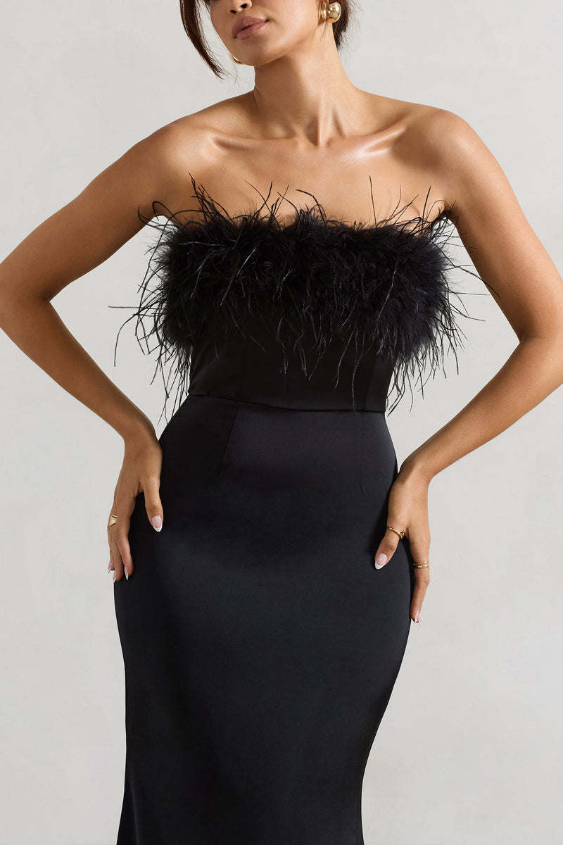 Dress For It Black Satin Feather Trim Bandeau Maxi Dress – Club L