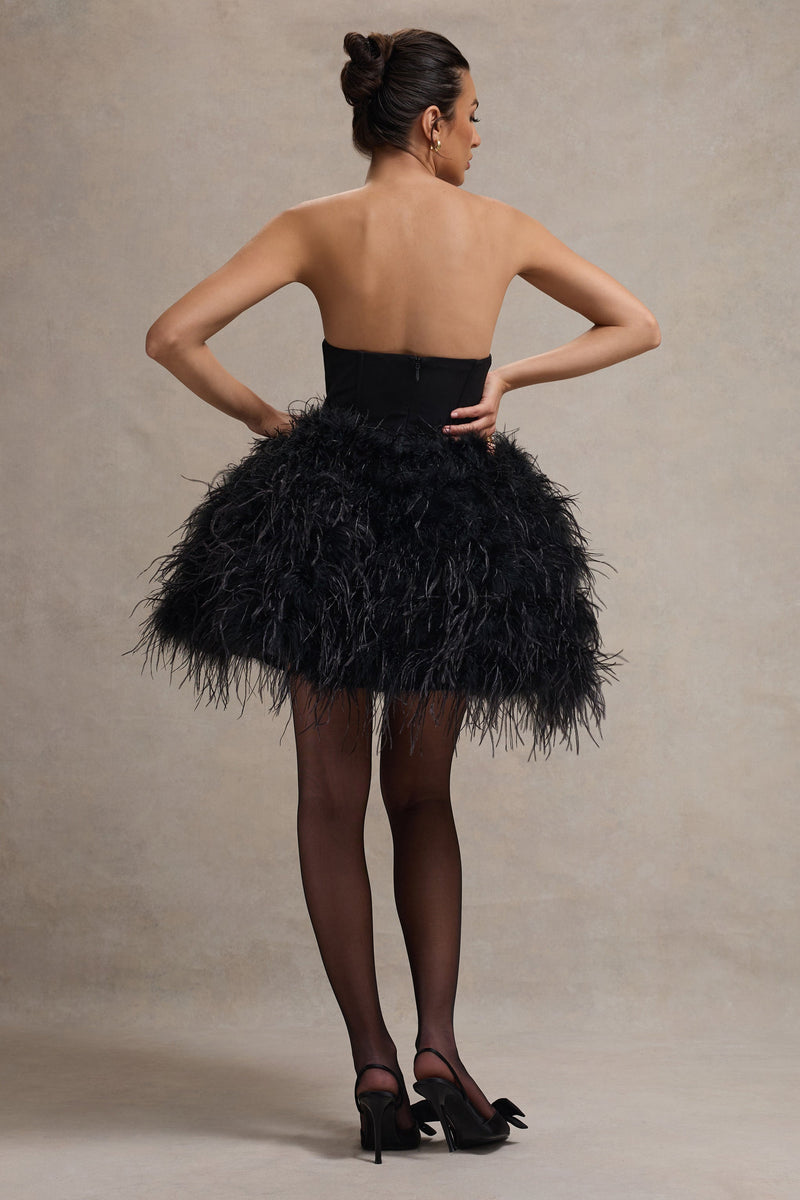 Strapless Mini Dress with Feather Trim - Purple
