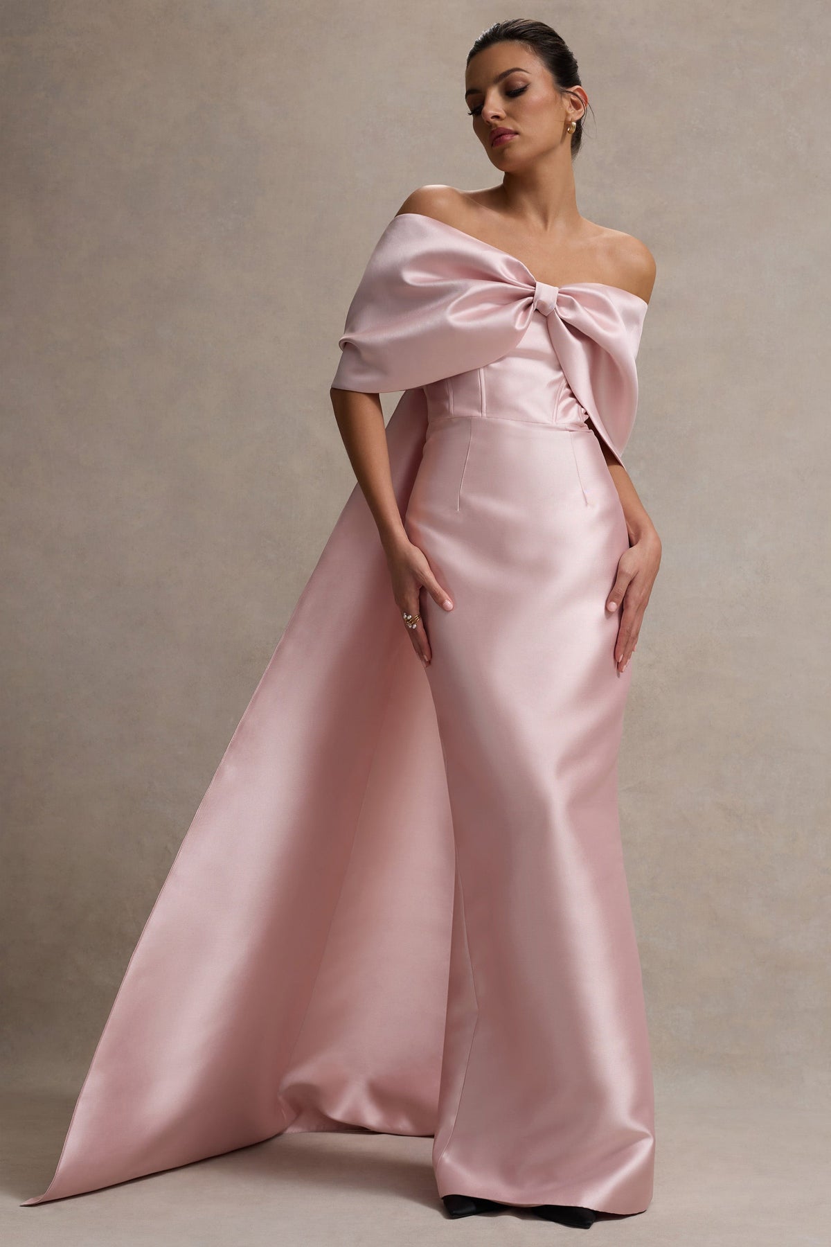 Pink Satin Cape Maxi Dress With Oversized Bow - View 6 | Shop Formal Dress