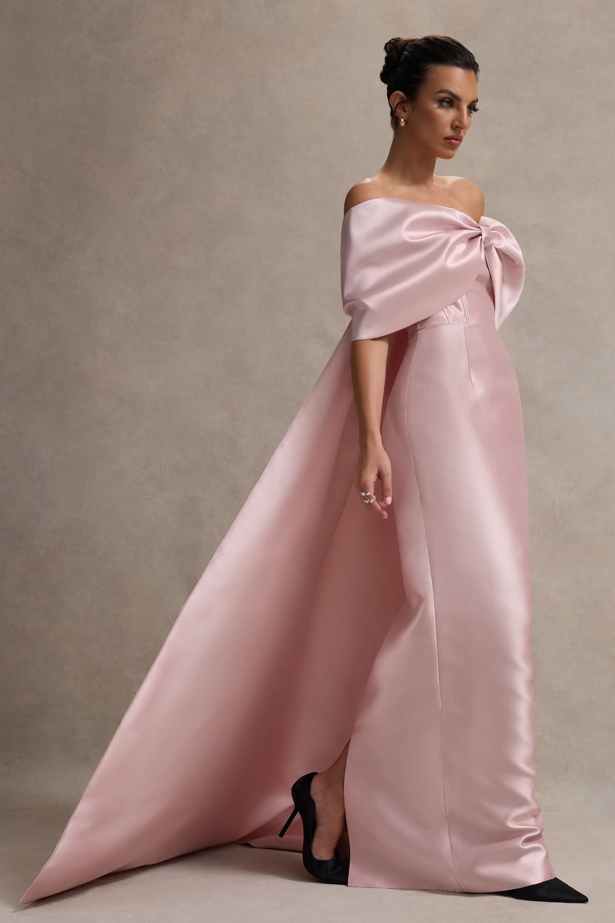 Pink Satin Cape Maxi Dress With Oversized Bow - View 5 | Shop Formal Dress
