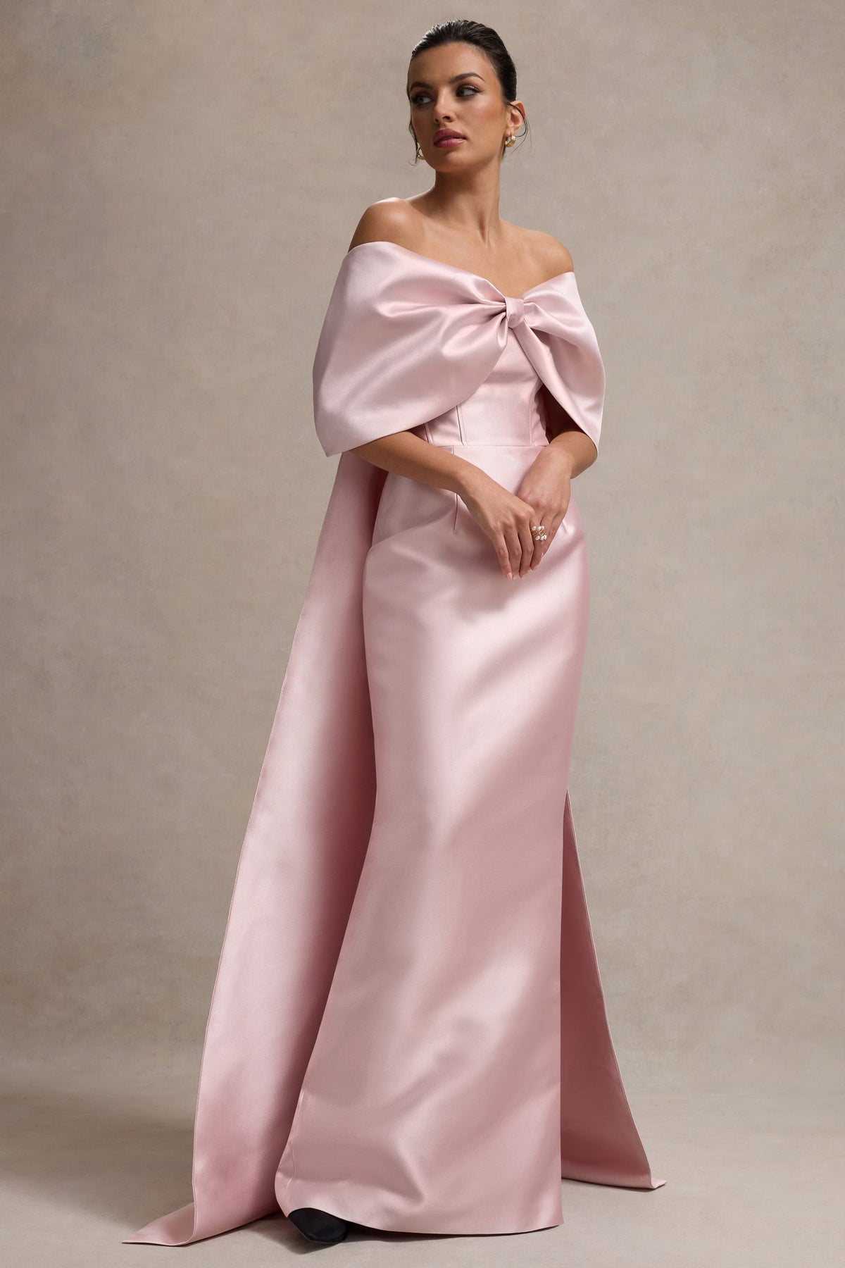 Pink Satin Cape Maxi Dress With Oversized Bow - View 2 | Shop Formal Dress