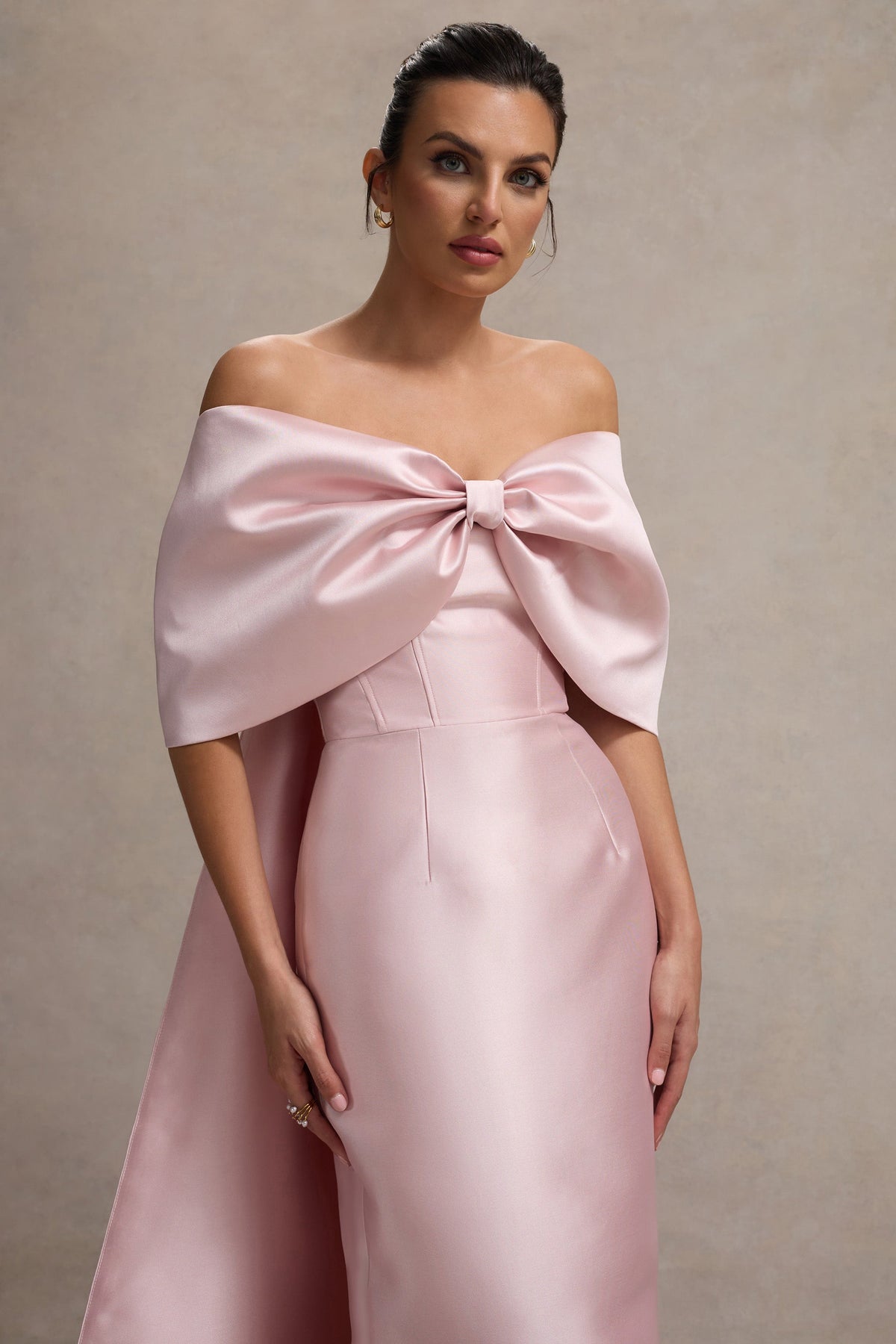 Pink Satin Cape Maxi Dress With Oversized Bow - View 4 | Shop Formal Dress