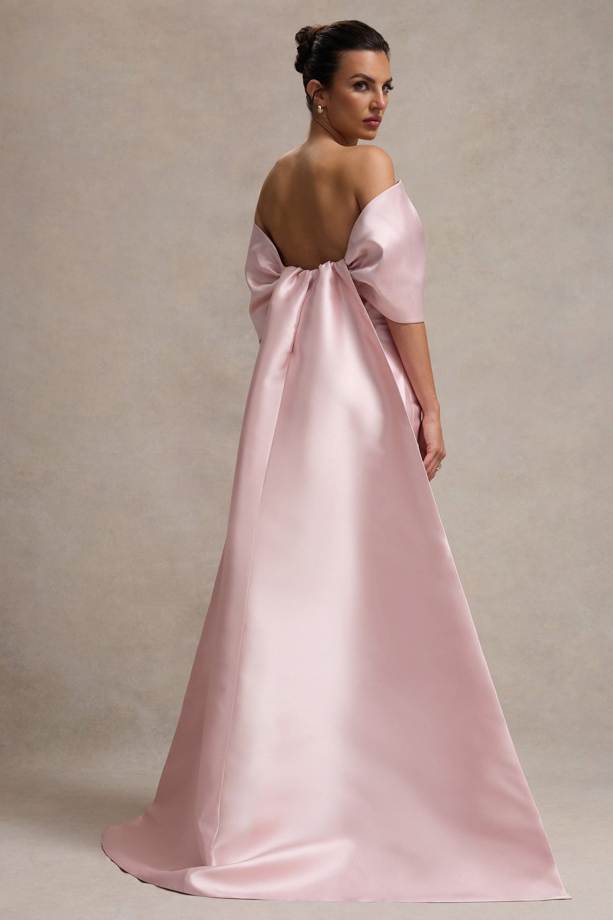 Pink Satin Cape Maxi Dress With Oversized Bow - View 3 | Shop Formal Dress