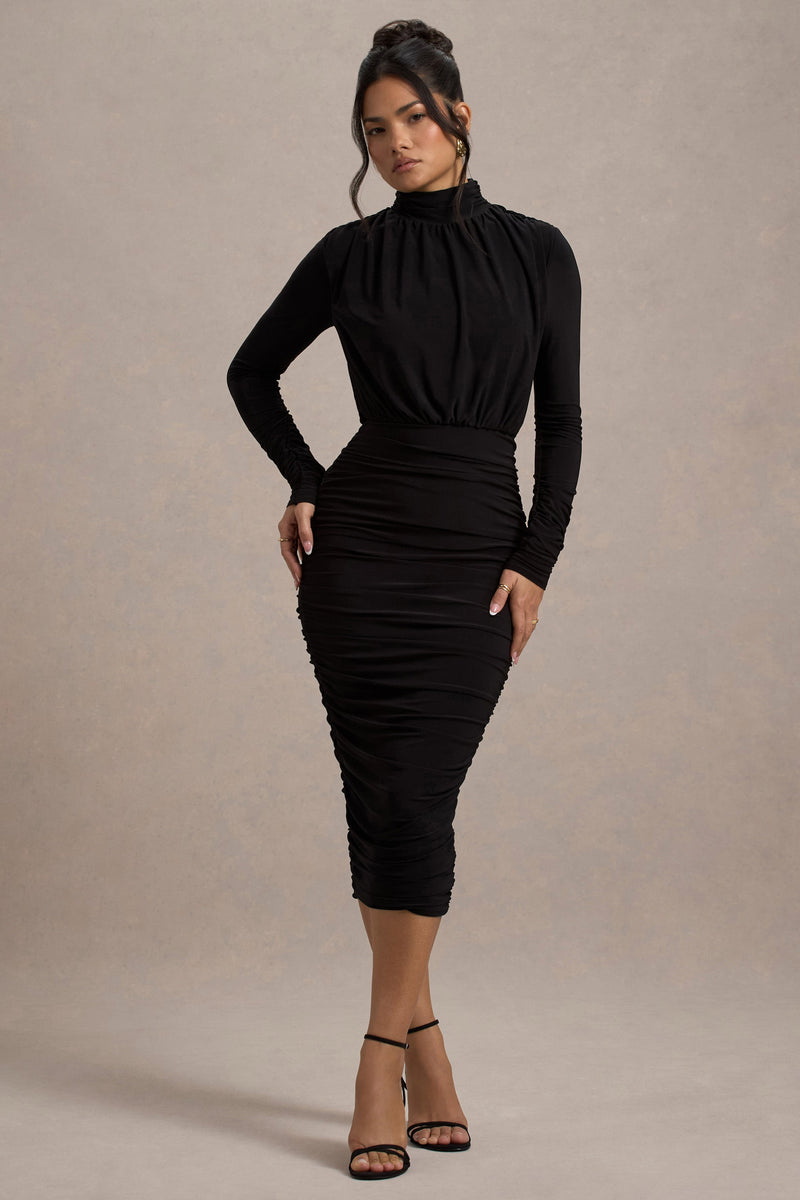 Dasha Black Ruched HighNeck LongSleeve Midi Dress Club L London AUS