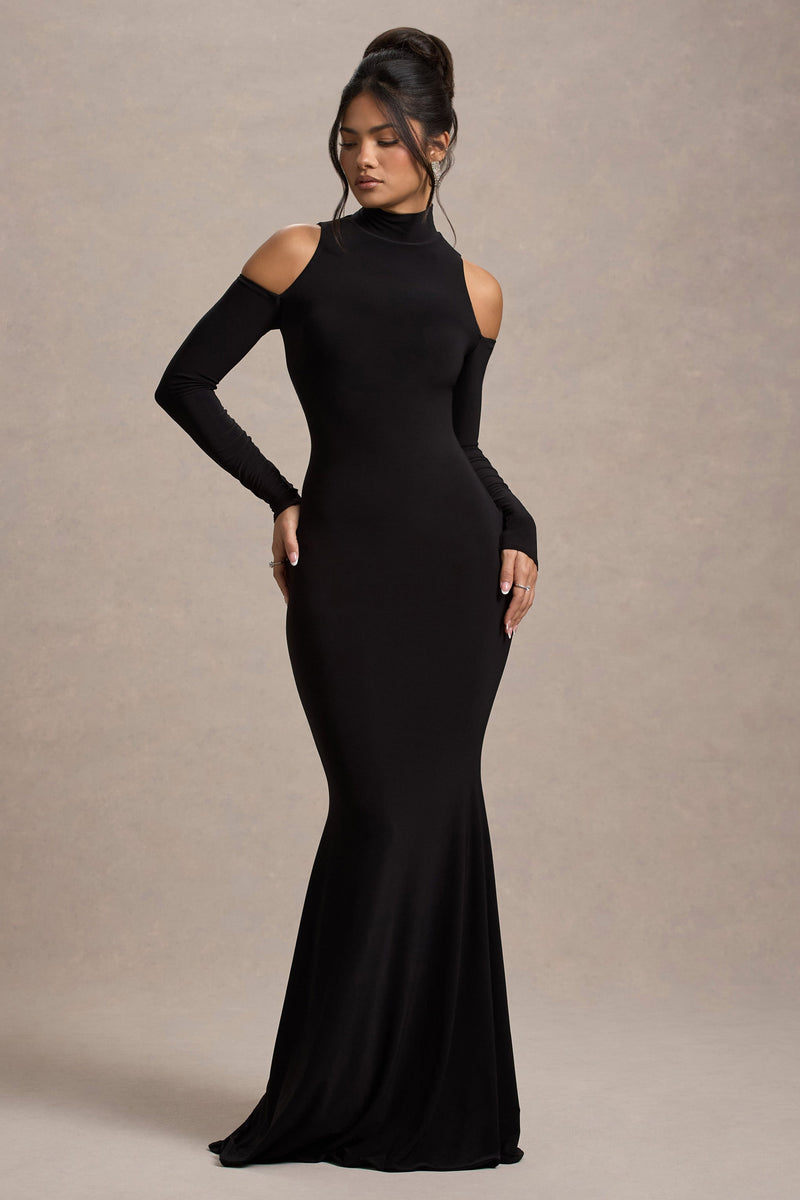 Catarina Black Turtle-Neck Long-Sleeve Maxi Dress With Cold