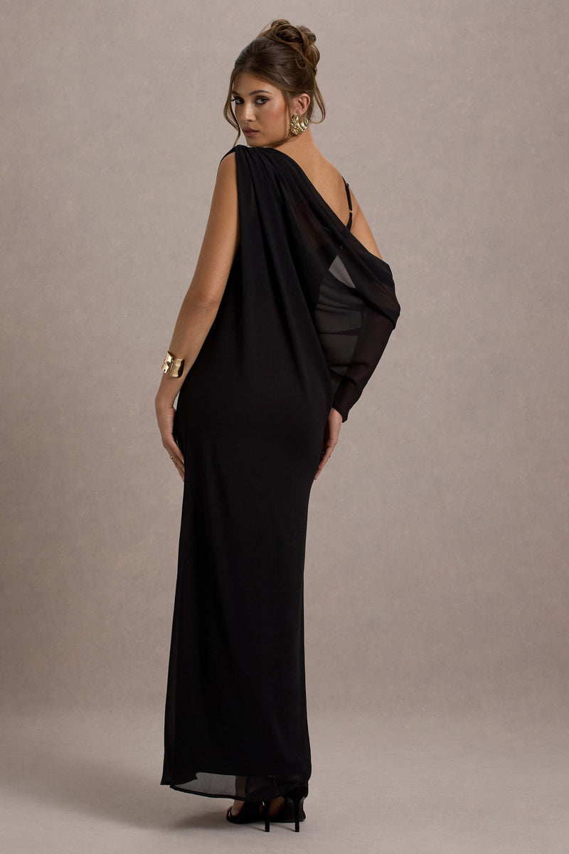 Wavlynn Black Printed Chiffon U Neck Flare Sleeve Maxi Dress For Evening Events And Spring Parties