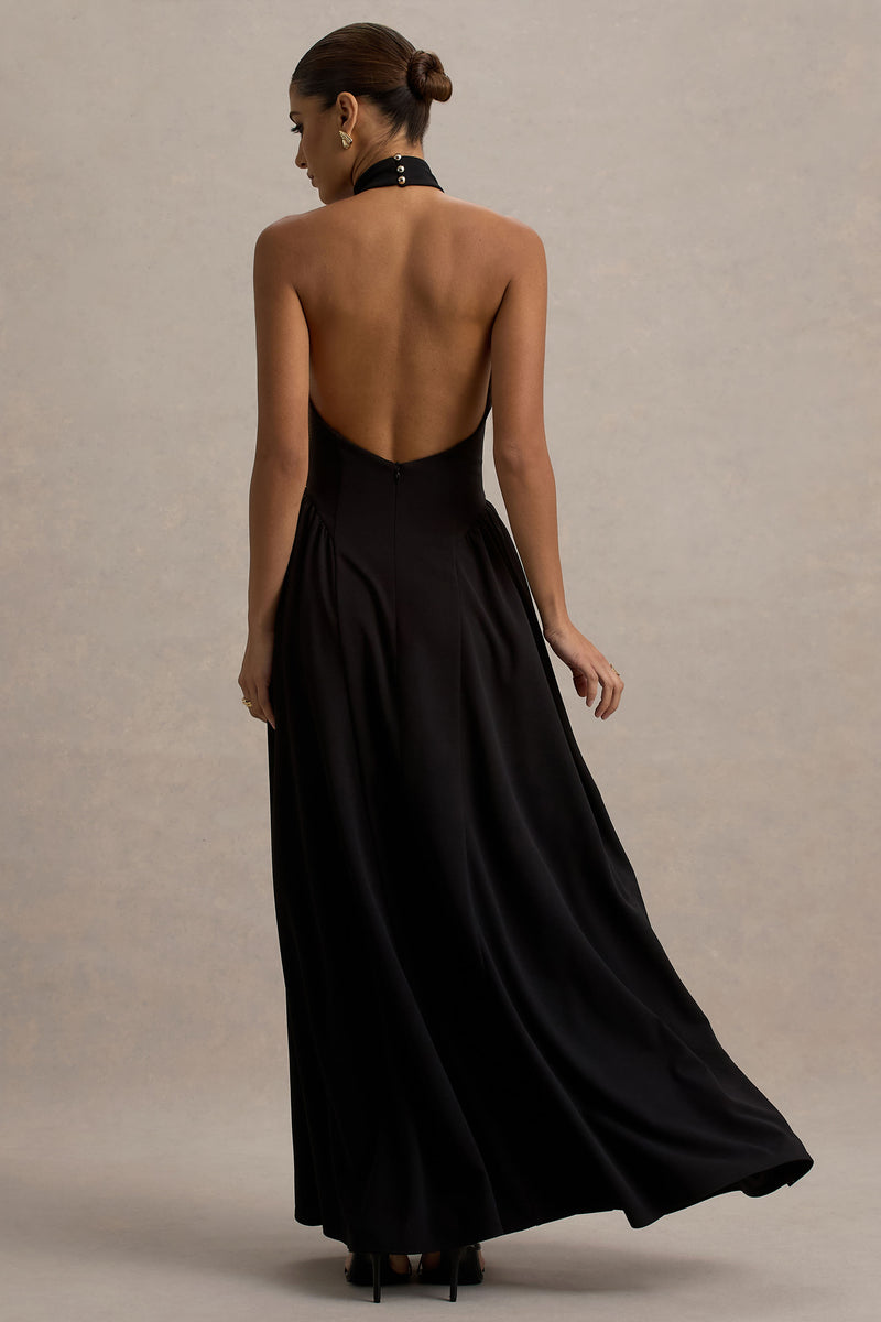Cynthia Black High-Neck Maxi Dress With Volume Skirt – Club L London