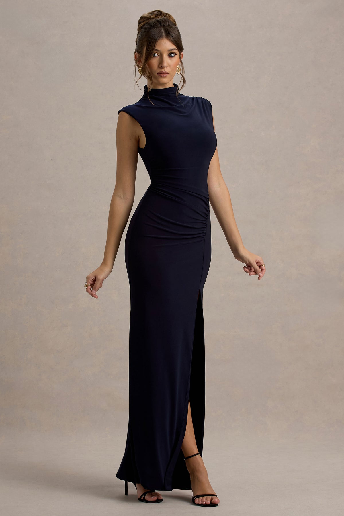 Navy Ruched High-Neck Maxi Dress With Split - View 5 | Shop Formal Dress