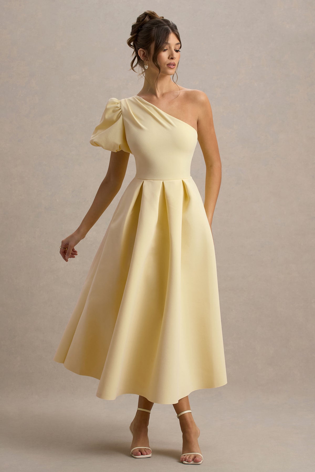Collective Dress - Pale Lemon Asymmetric Puff-Sleeve Midi Dress image 2