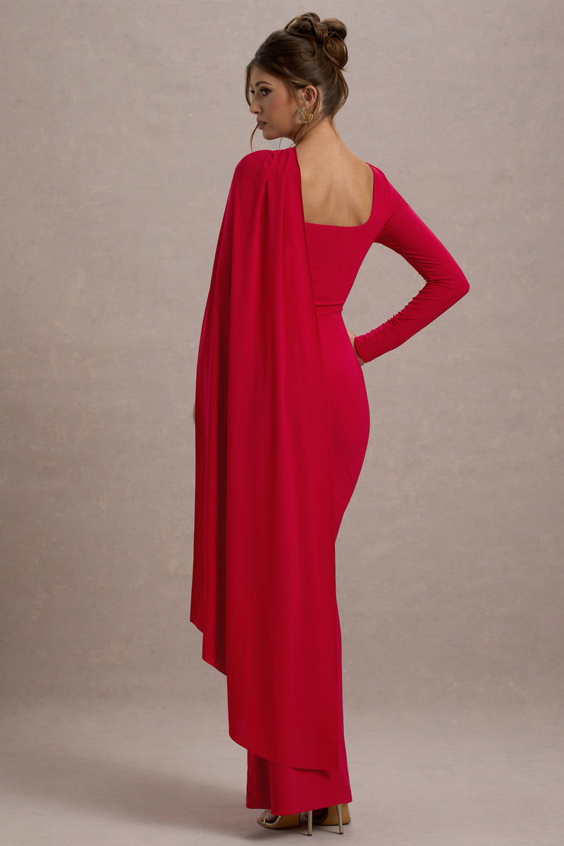 Ashini Red OneSleeve Maxi Dress With Cape Club L London AUS