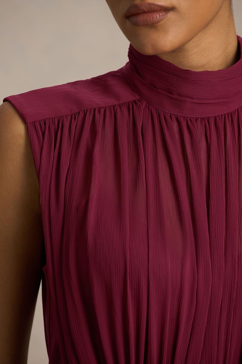 Melanina Burgundy High-Neck Maxi Dress With Ruched Detailing – Club L