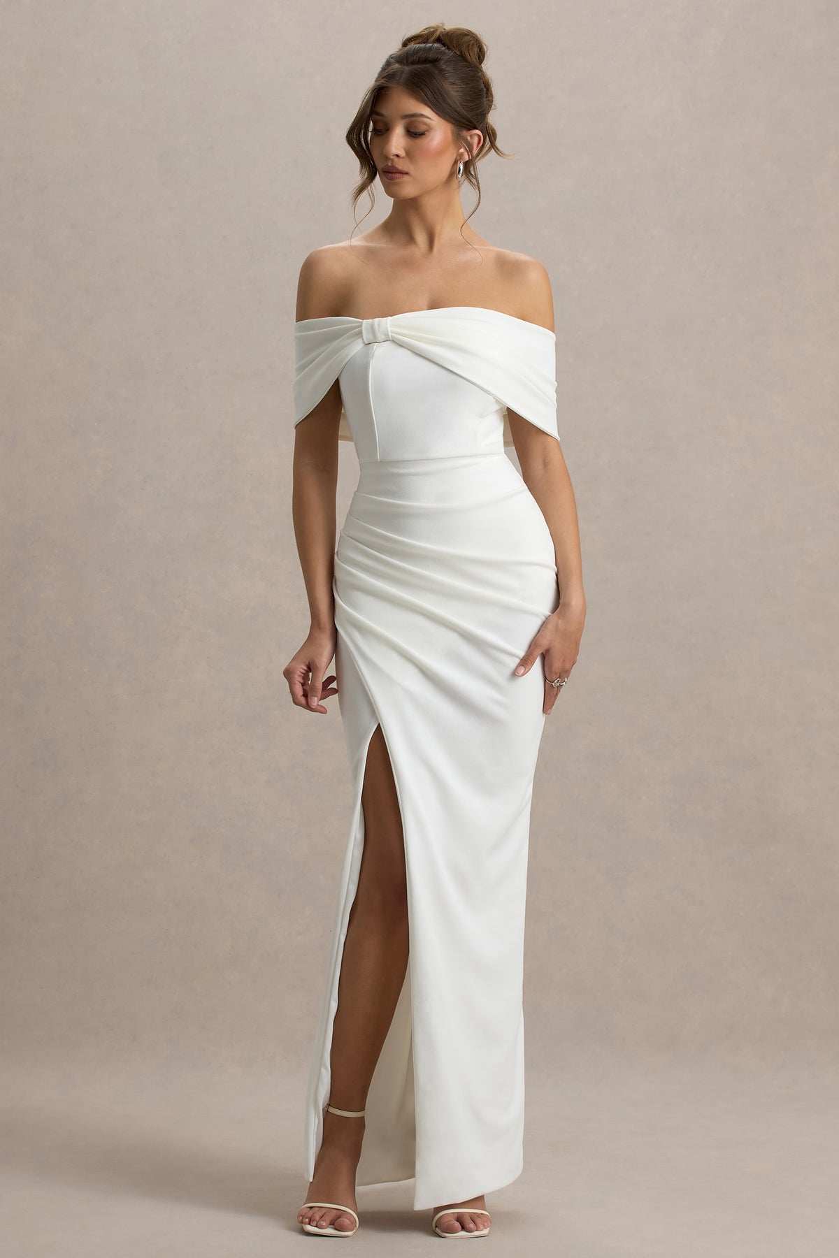 Collective Dress - White Bardot Bow Detail Maxi Dress With Thigh Split image 2