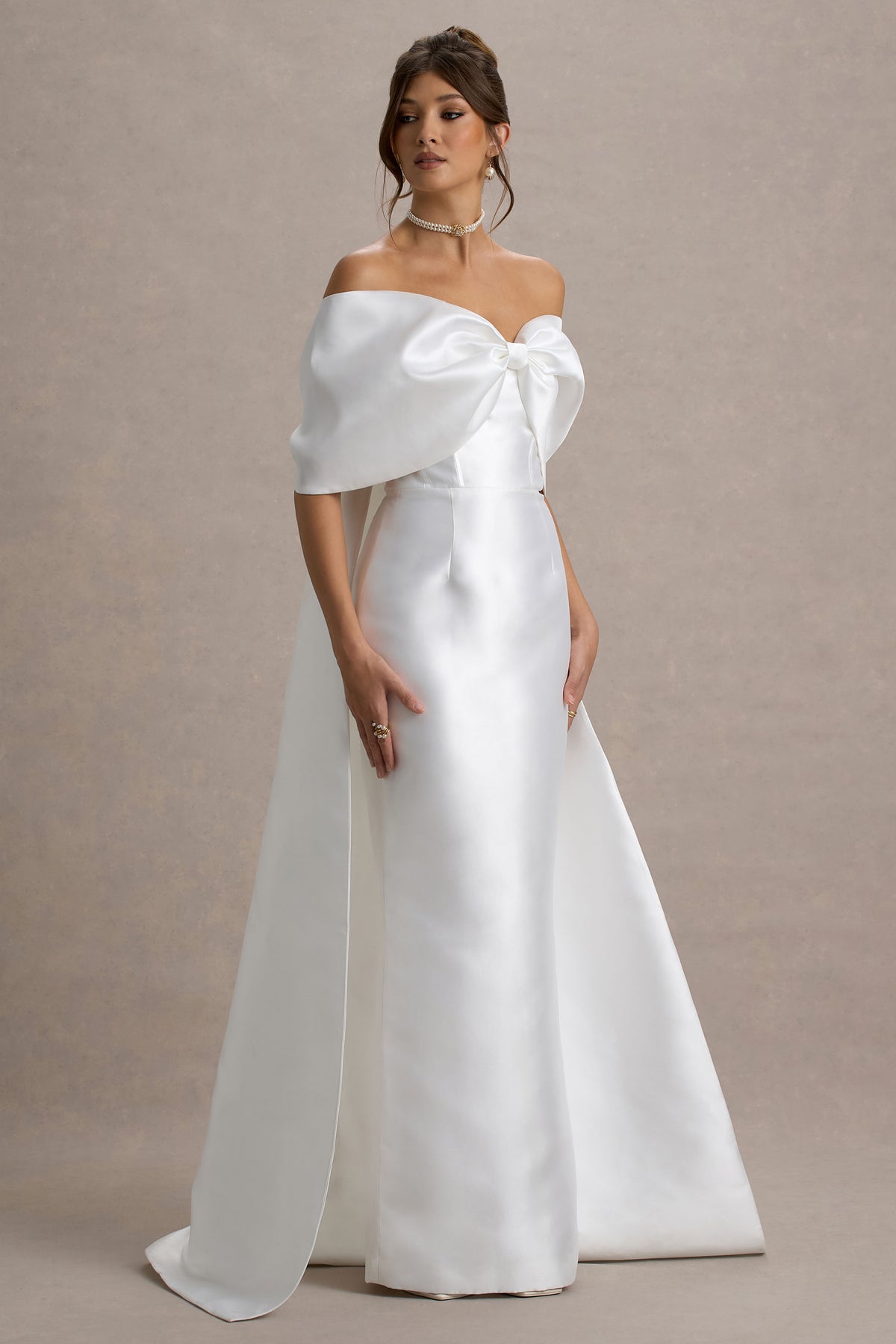 Off White Satin Cape Maxi Dress With Oversized Bow - View 6 | Shop Formal Dress