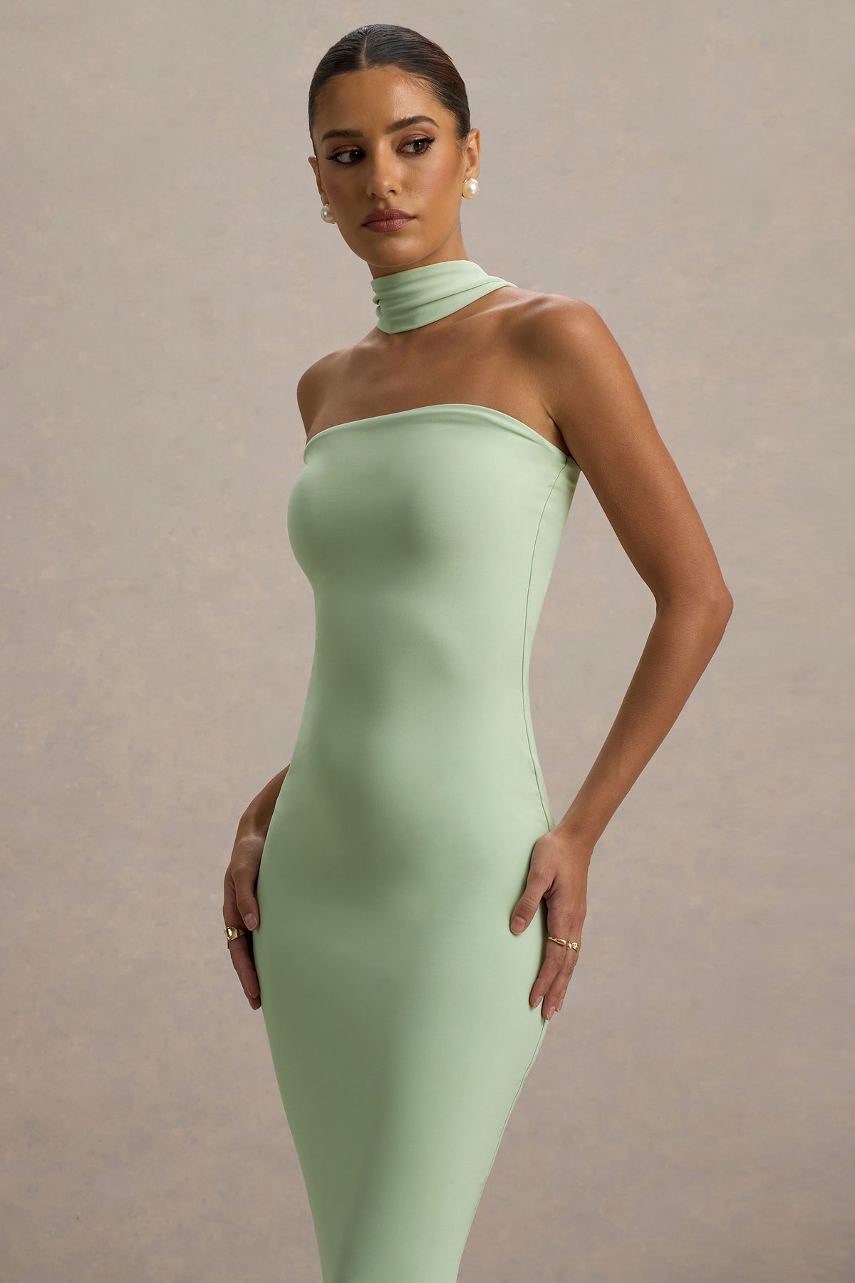 Light Green Bandeau Maxi Dress With Halter-Collar - View 4 | Shop Formal Dress