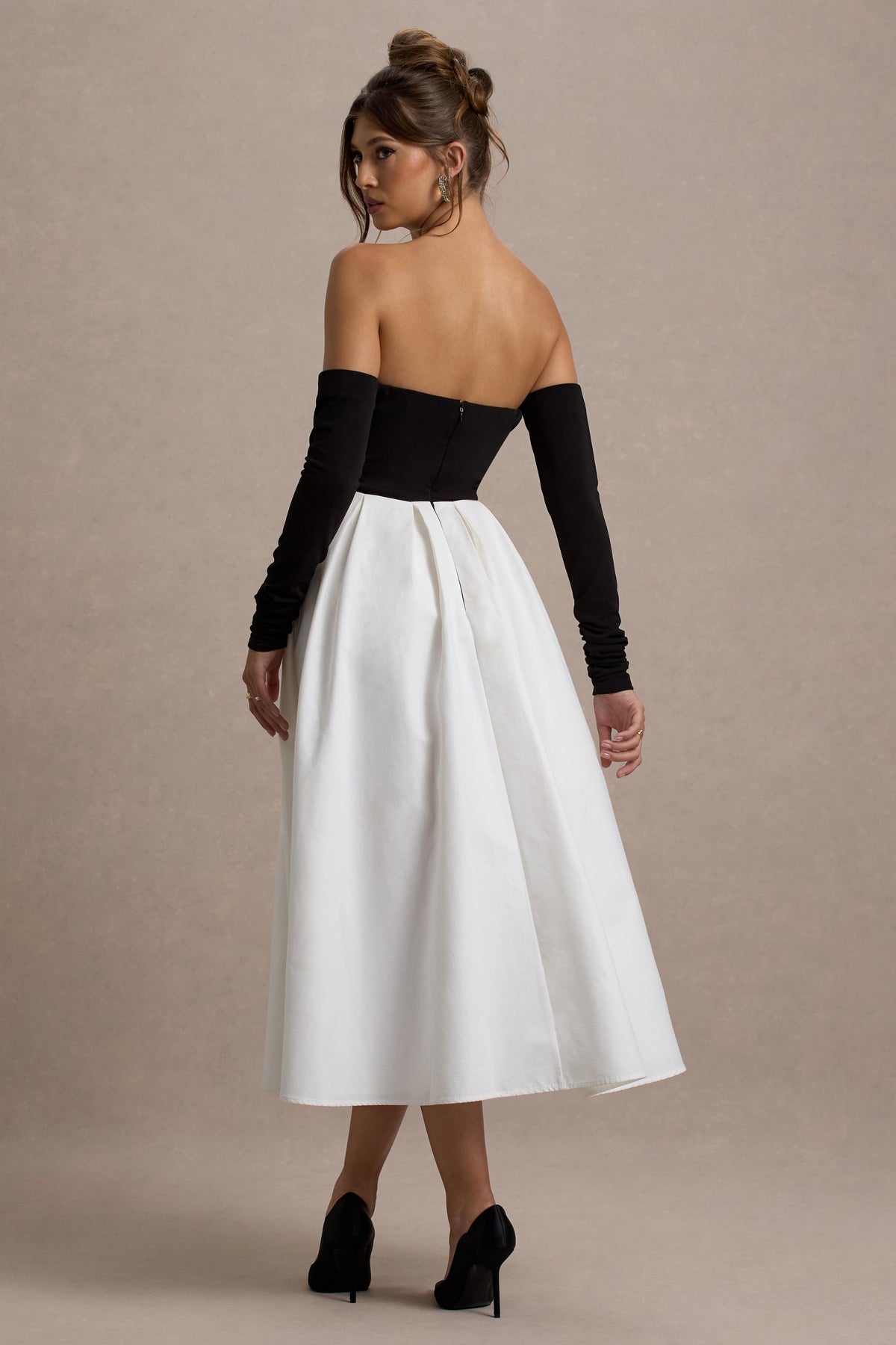 Black & Cream Bardot Pleated Maxi Dress - View 3 | Shop Formal Dress