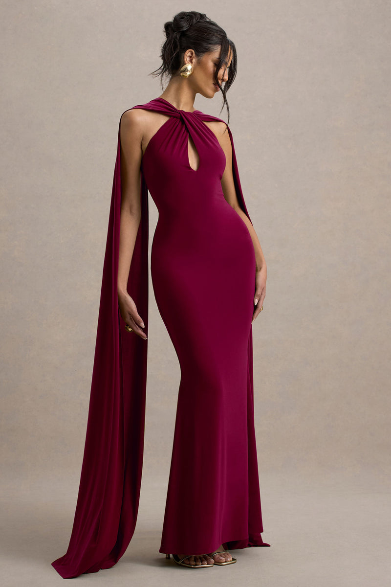 Rhoda | Green Twist Halter-Neck Cape Maxi Dress