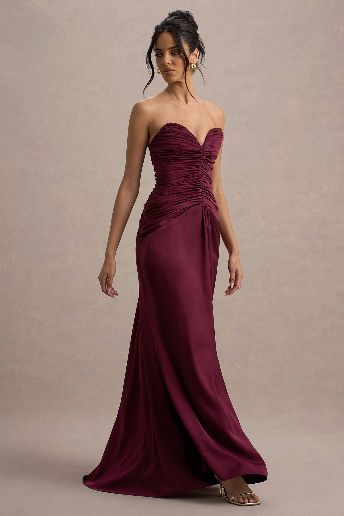 Collective Dress - Burgundy Satin Sweetheart Gathered Maxi Dress image 2