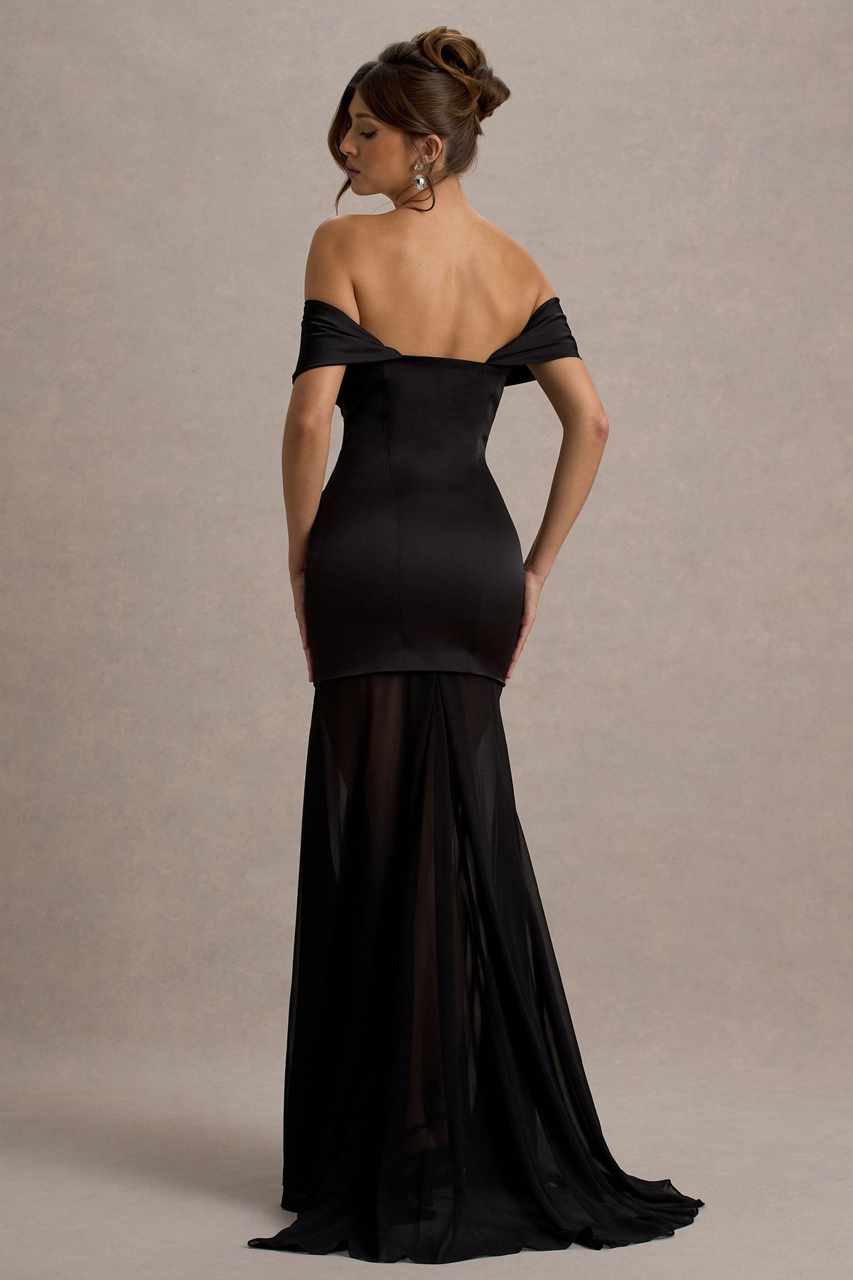 Black Satin Bardot Maxi Dress With Sheer Skirt - View 3 | Shop Formal Dress