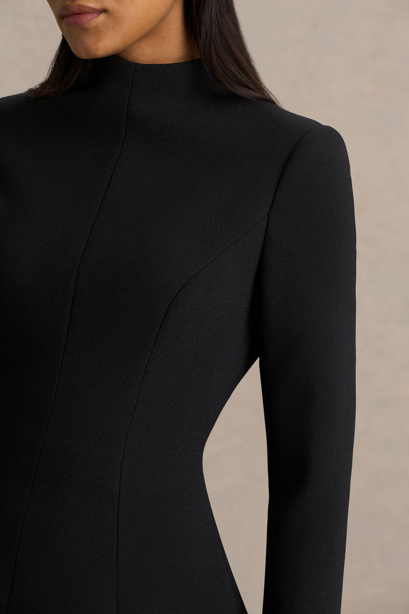 Justina | Black High-Neck Maxi Dress With Gathered-Detailing