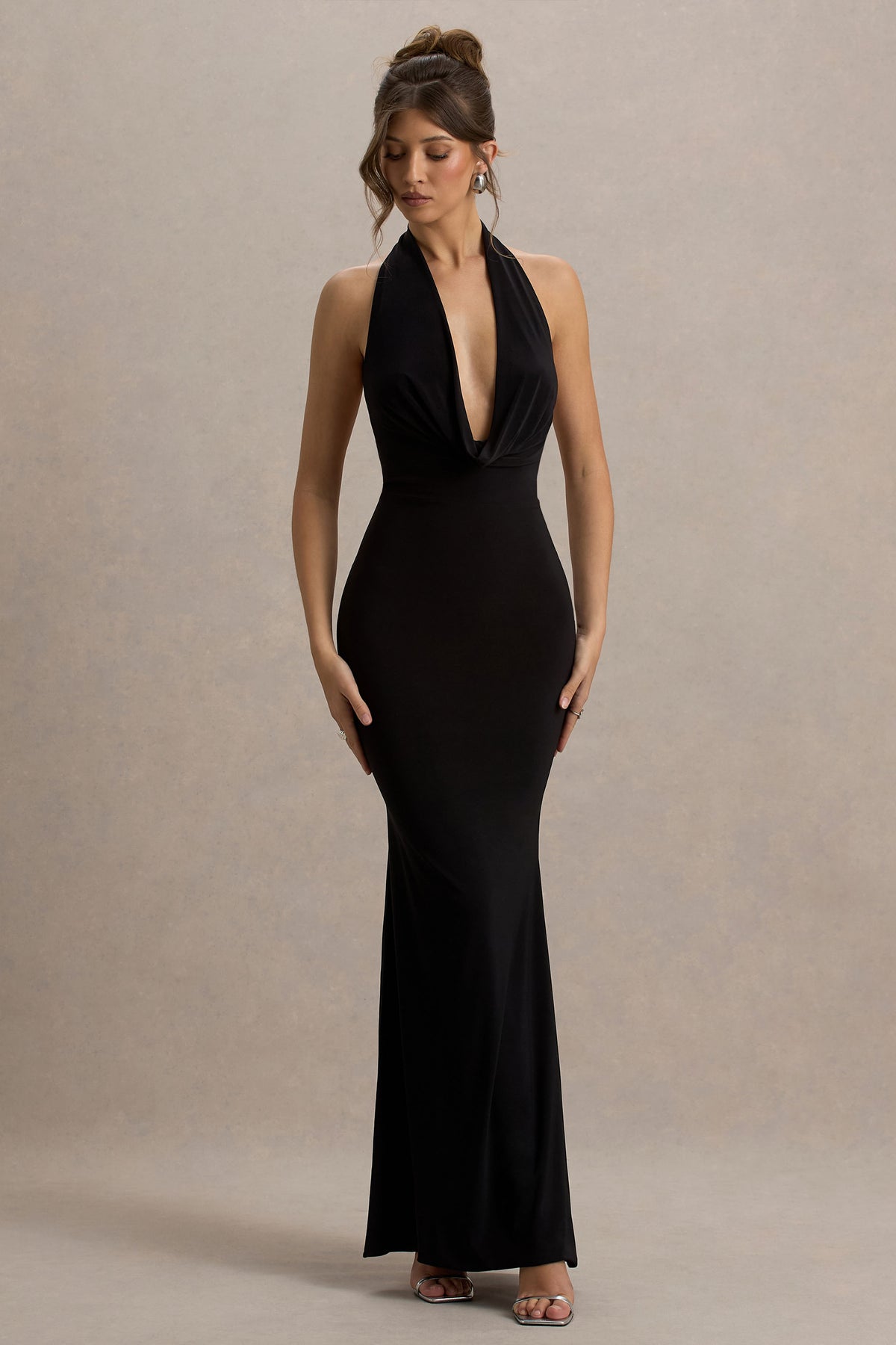 Black Backless Cowl Neck Fishtail Maxi Dress - View 2 | Shop Formal Dress