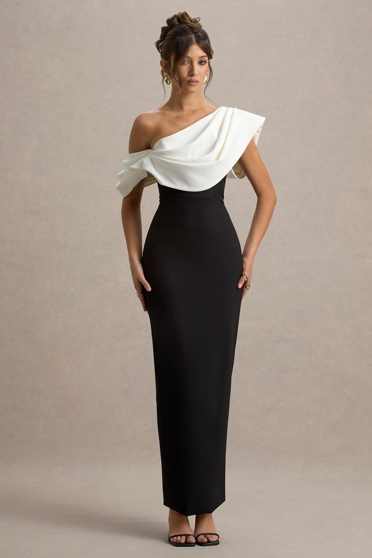 Collective Dress - Black & White Draped Shoulder Maxi Dress image 5