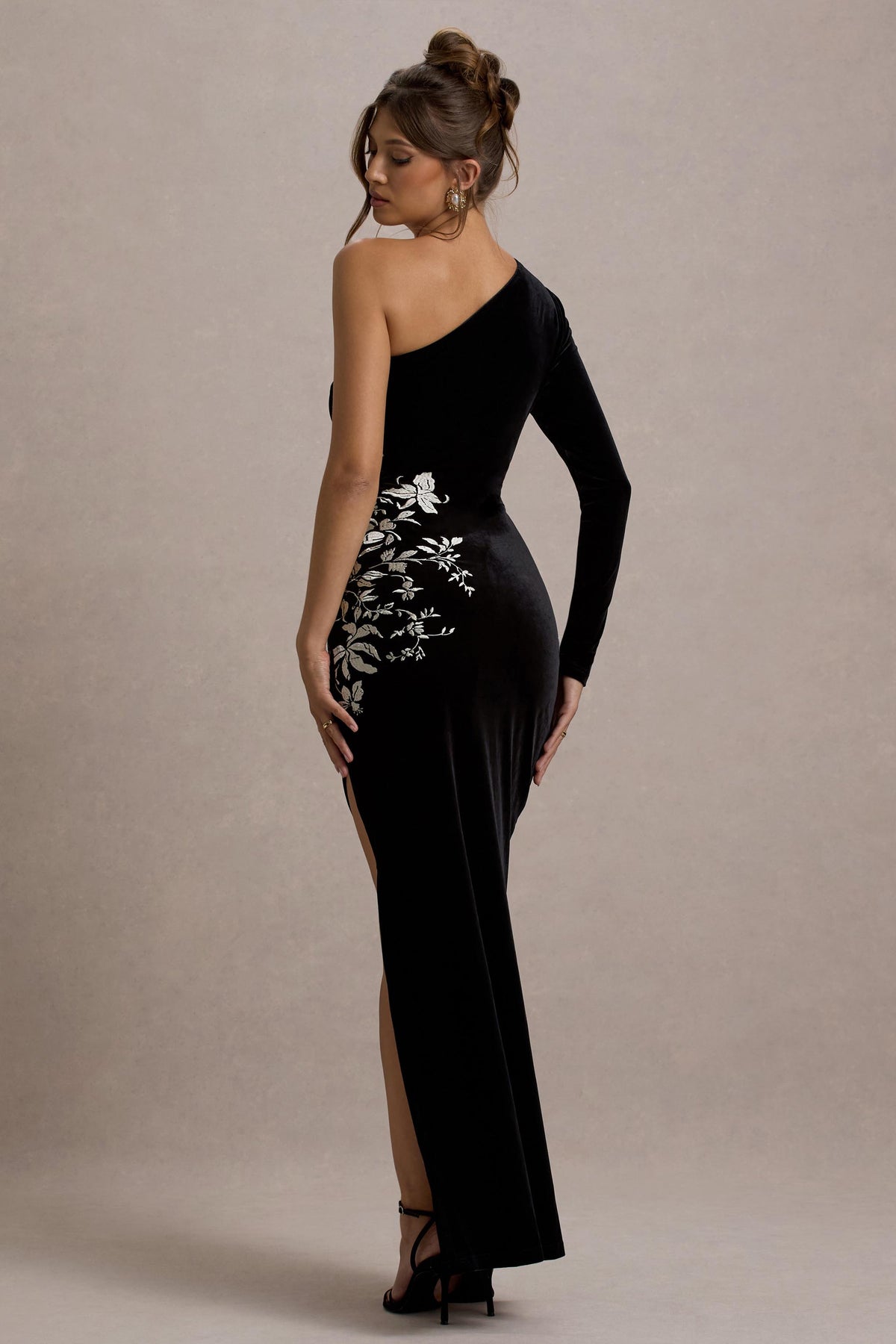 Black Embroidered Velvet One-Sleeve Maxi Dress - View 3 | Shop Formal Dress